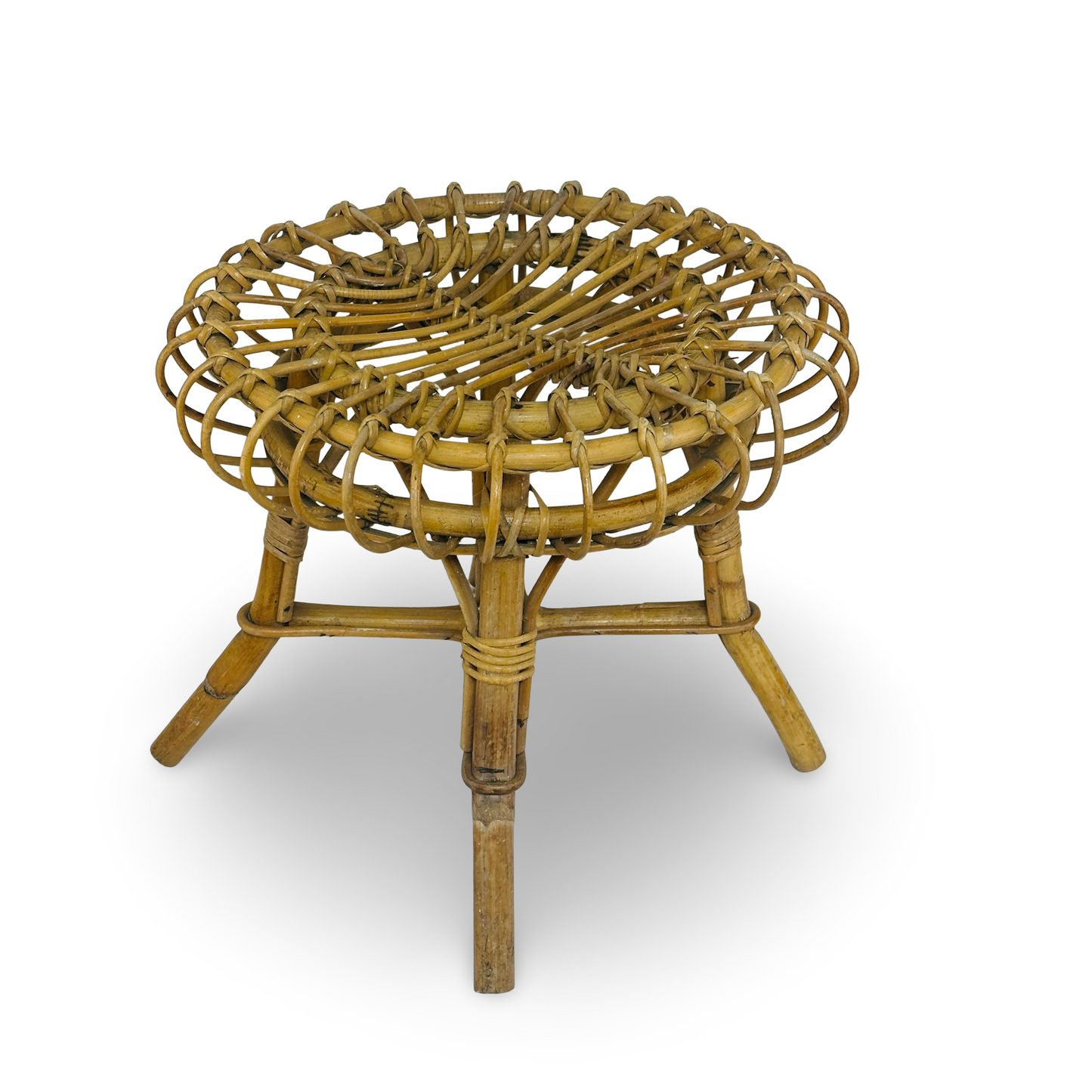 Italienischer Bambus-Rattan-Hocker im Stil Franco Albini für Bonacina, runde Sunburst-Sitzfläche, 1960er