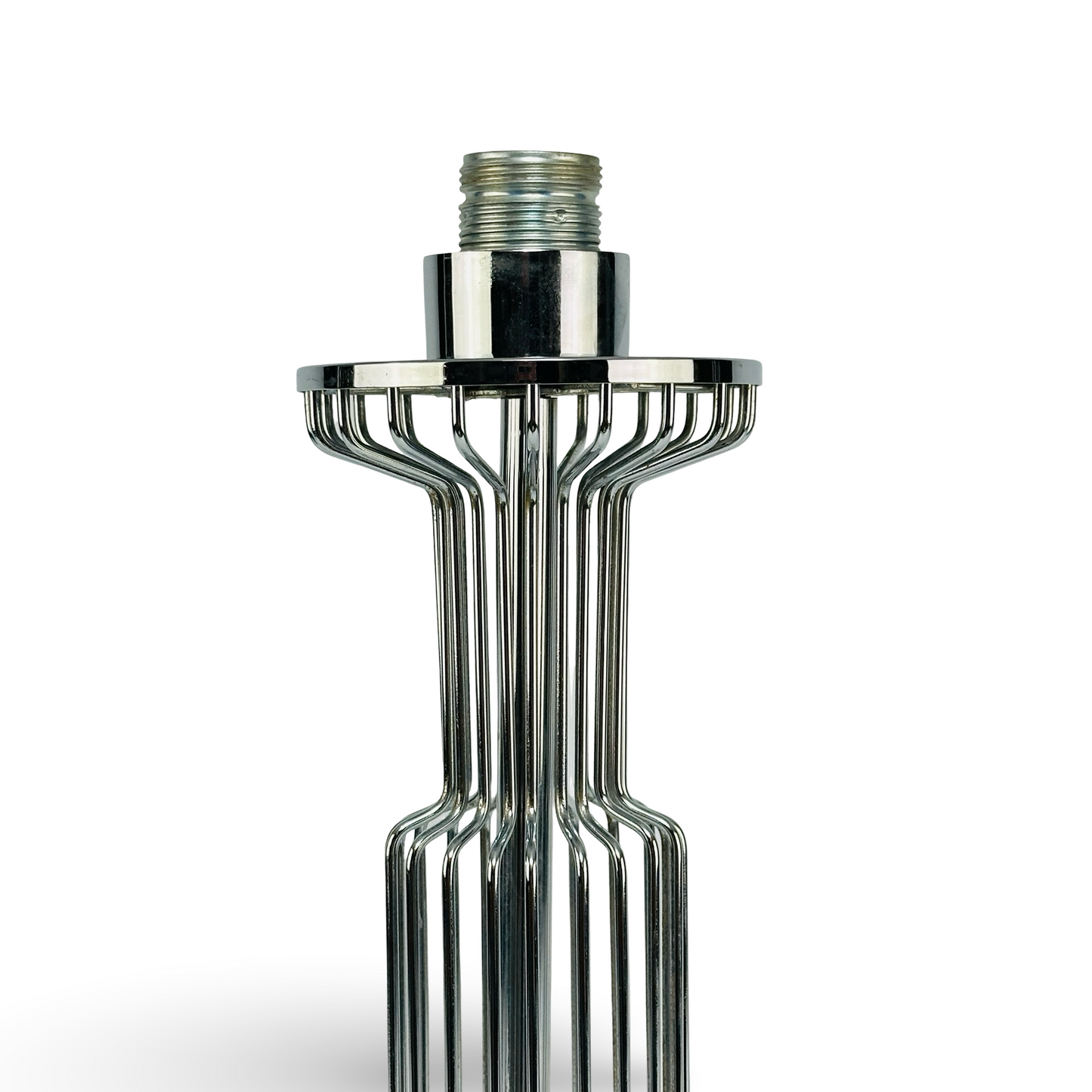 Chrom-Draht-Käfig Tischlampe im Space-Age-Stil der 1970er von Max Sauze mit verchromtem Drahtfuß und schwarzem Textilschirm