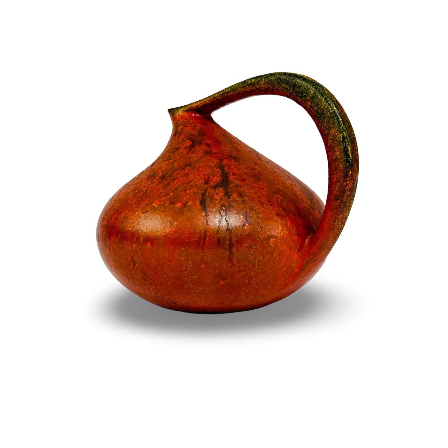 Ruscha 313 Henkelvase „Vulkano“ mit orangeroter Fat Lava Glasur und dunkelrotbraunen Lavaflüssen, 1960er Jahre, von Kurt Tschörner entworfen