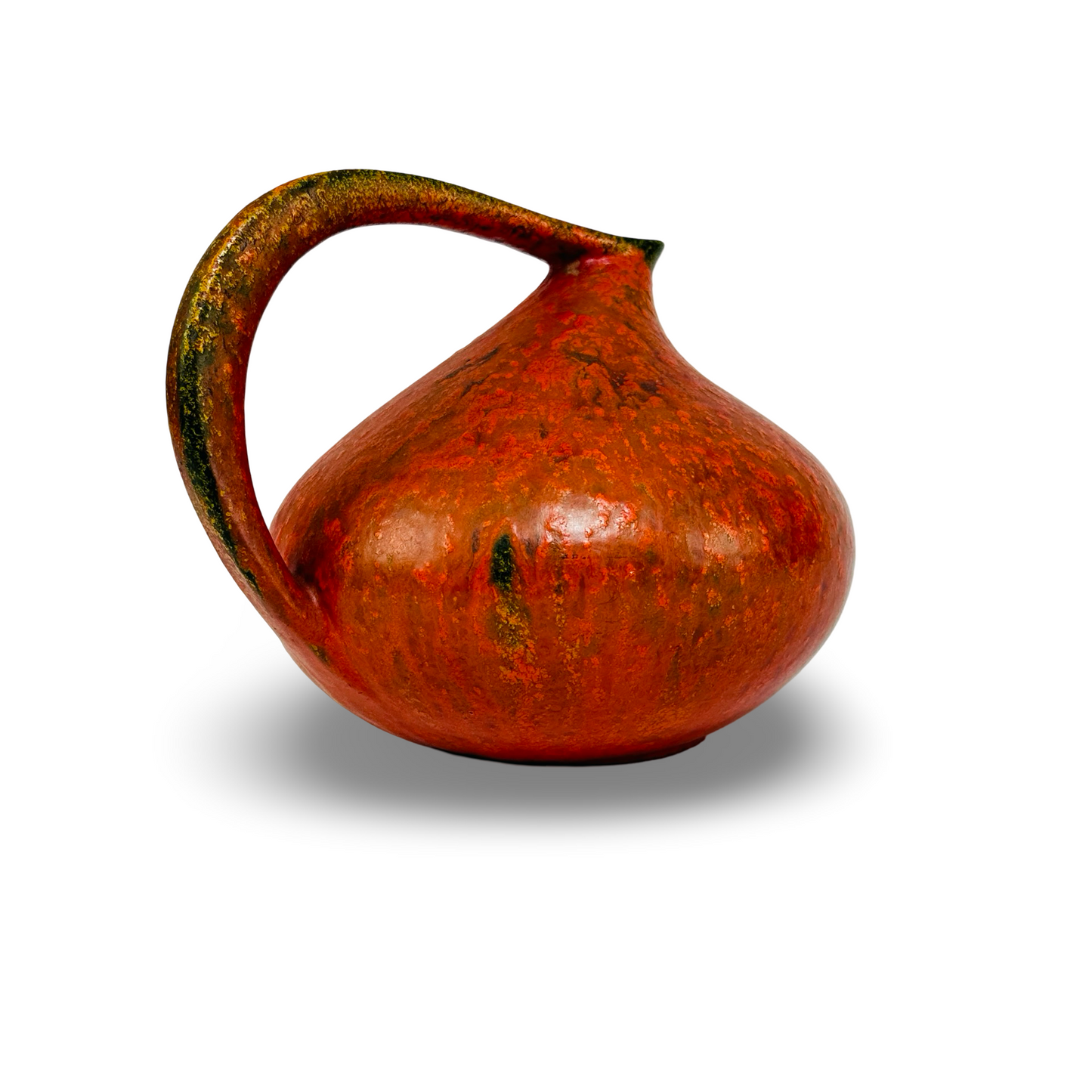 Ruscha 313 „Vulkano“ Henkelvase in leuchtendem Orangerot mit Lavaeffekt und olivgrünen Akzenten, 1960er Fat Lava Keramik