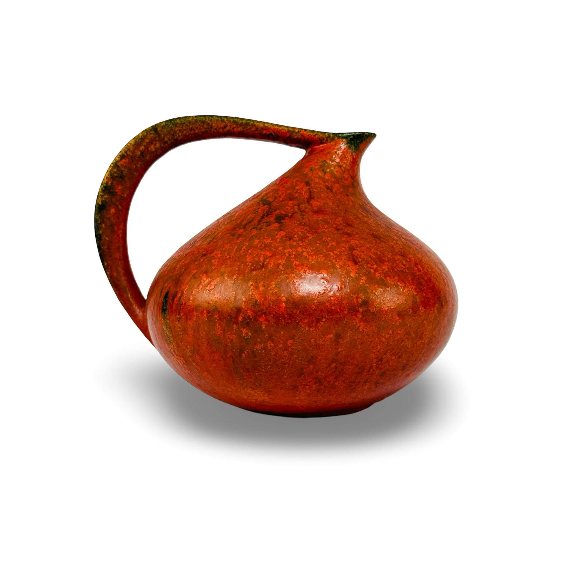 Ruscha 313 Henkelvase mit orangeroter Vulkano-Glasur und olivgrünen Akzenten von Kurt Tschörner, Fat Lava Keramik der 1960er Jahre