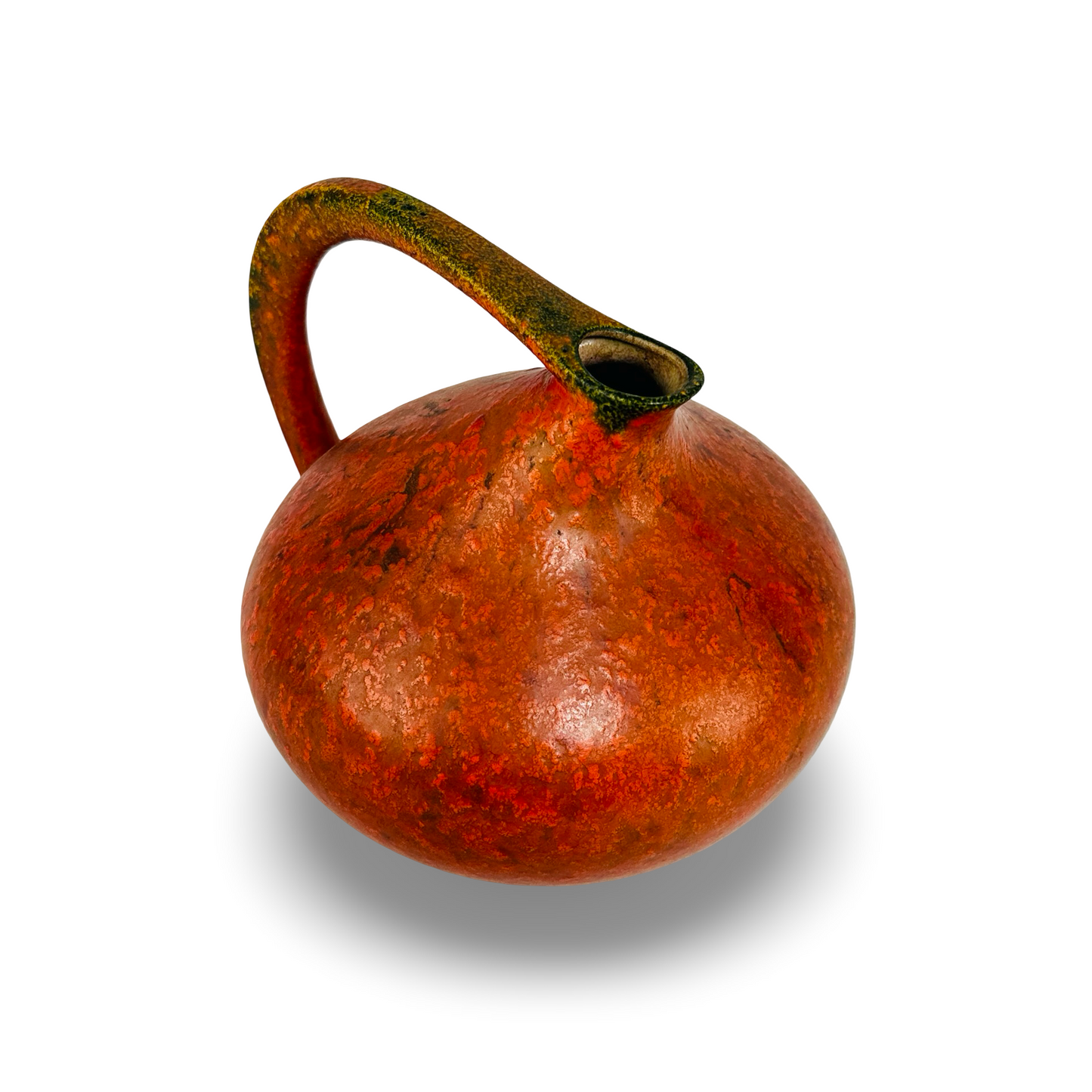 Ruscha 313 Henkelvase Vulkano Design von Kurt Tschörner in leuchtendem Orange mit Lava-Effekt und grünen Akzenten