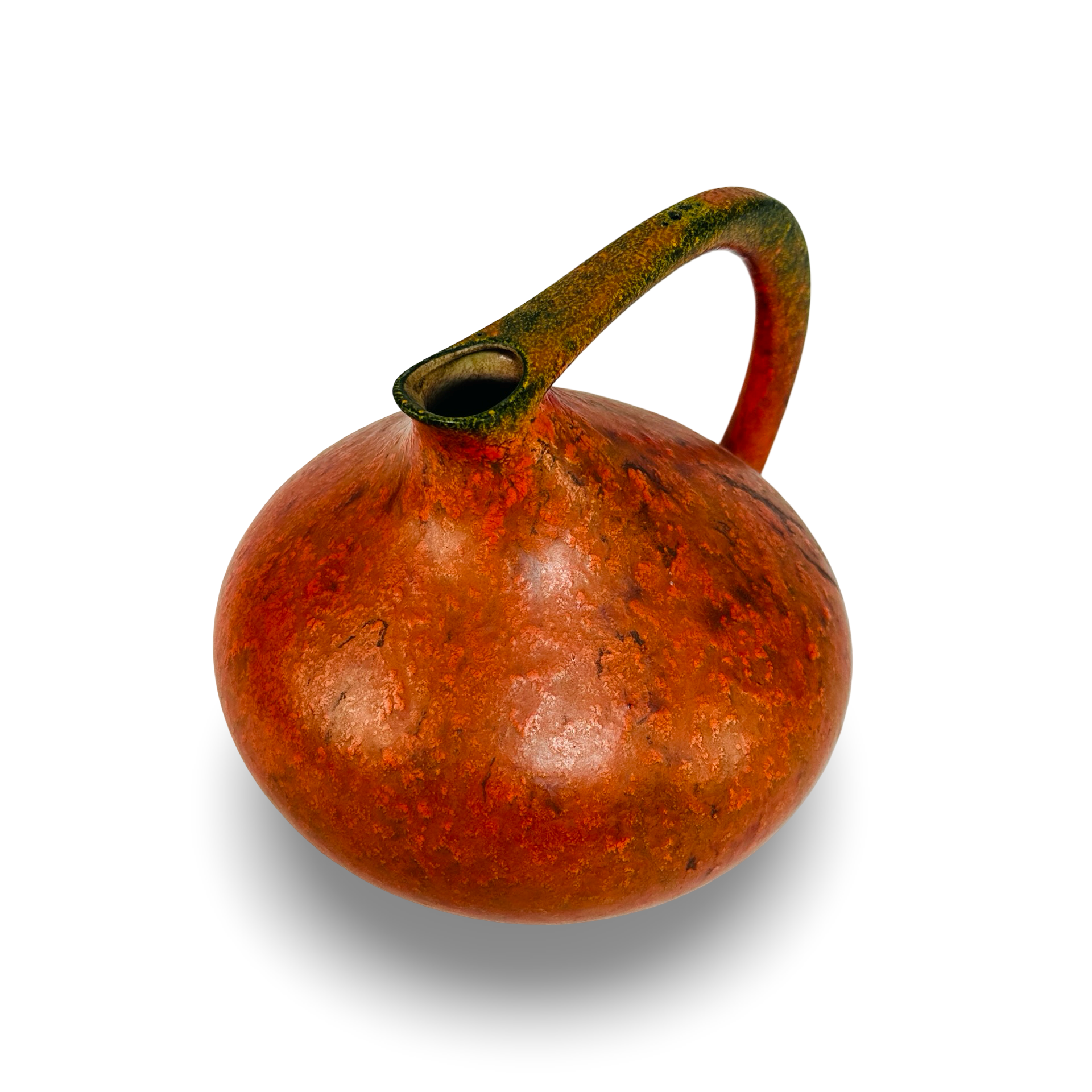 Ruscha 313 Henkelvase „Vulkano“ in leuchtendem Orange-Rot mit Fat Lava Effekten und olivgrünen Akzenten