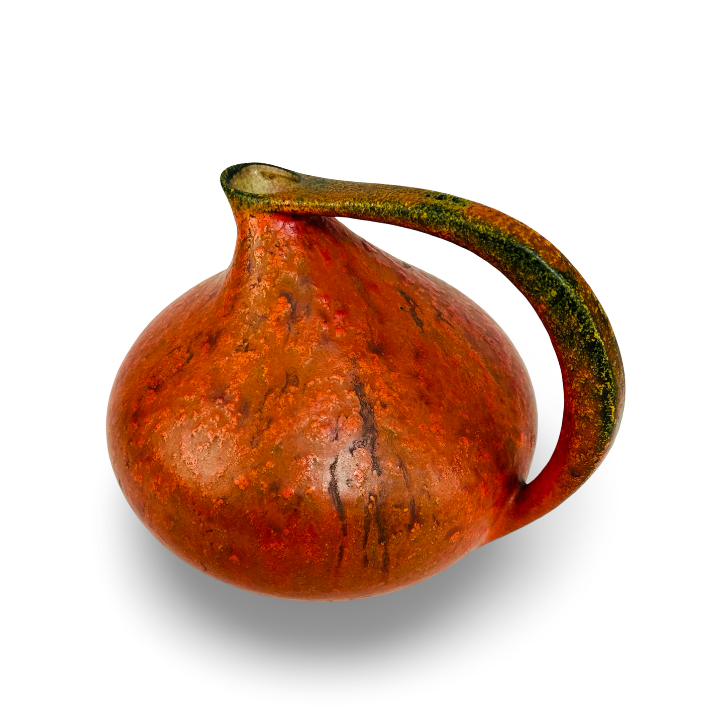 Ruscha 313 Henkelvase „Vulkano“ von Kurt Tschörner, leuchtend orange-rot mit Lava-Muster und olivgrünen Akzenten, Fat Lava Keramik der 1960er Jahre