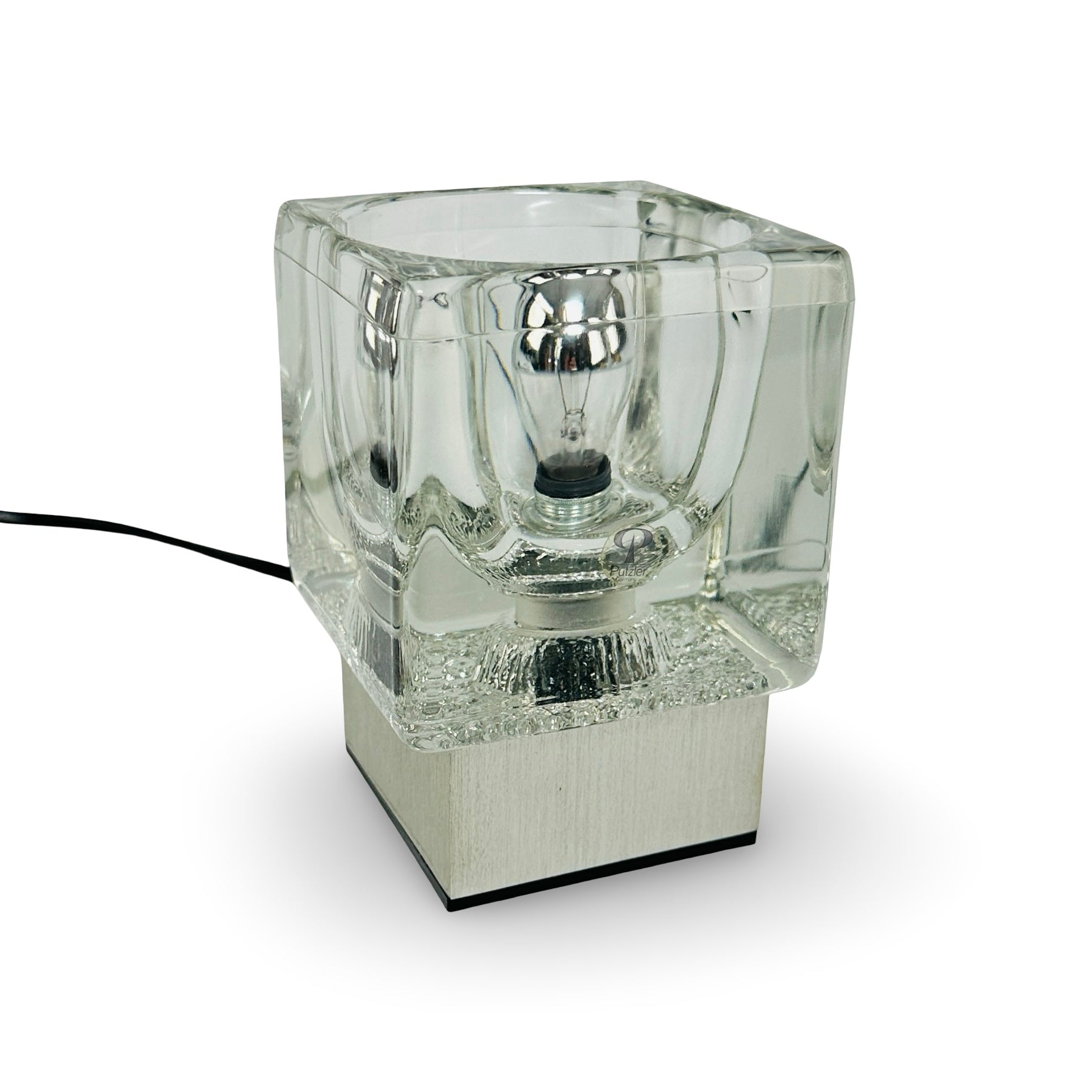 Peill & Putzler Ice Cube TA 14 Tischleuchte aus den 1970ern mit glasklarem Kristallglas auf Aluminium-Sockel