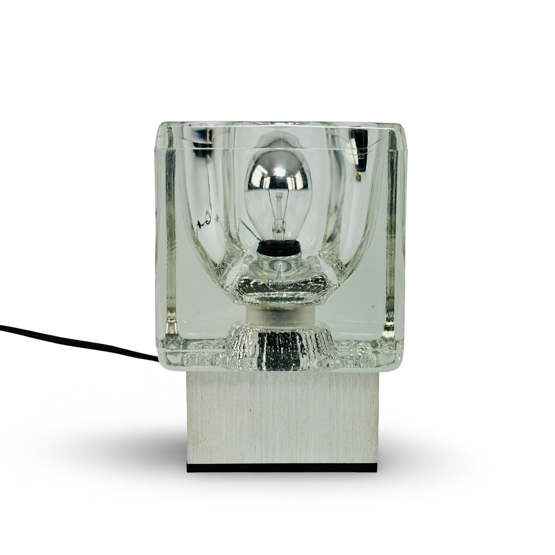 Peill & Putzler Ice Cube TA 14 Tischleuchte aus Kristallglas auf Aluminium-Sockel, deutscher Mid-Century Klassiker der 1970er Jahre