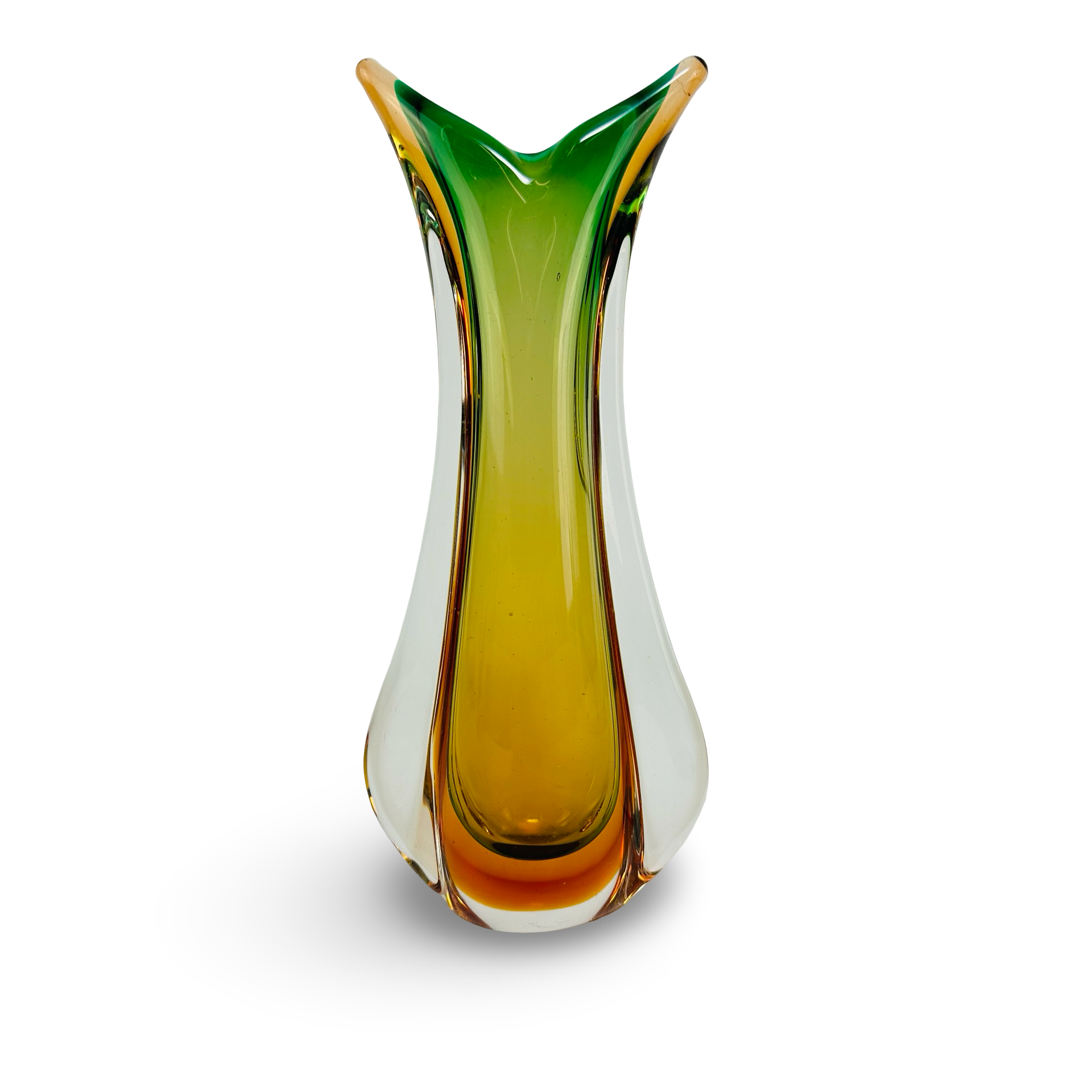 Murano Sommerso Vase mit grün-amberfarbenem Schwalbenschwanz-Design, 1960er Jahre, italienisches Murano-Glas
