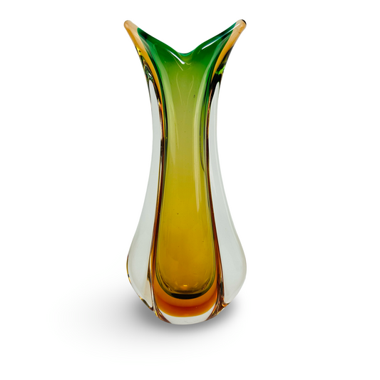 Murano Sommerso Vase mit grün-amberfarbenem Schwalbenschwanz-Design, 1960er Jahre, italienisches Murano-Glas