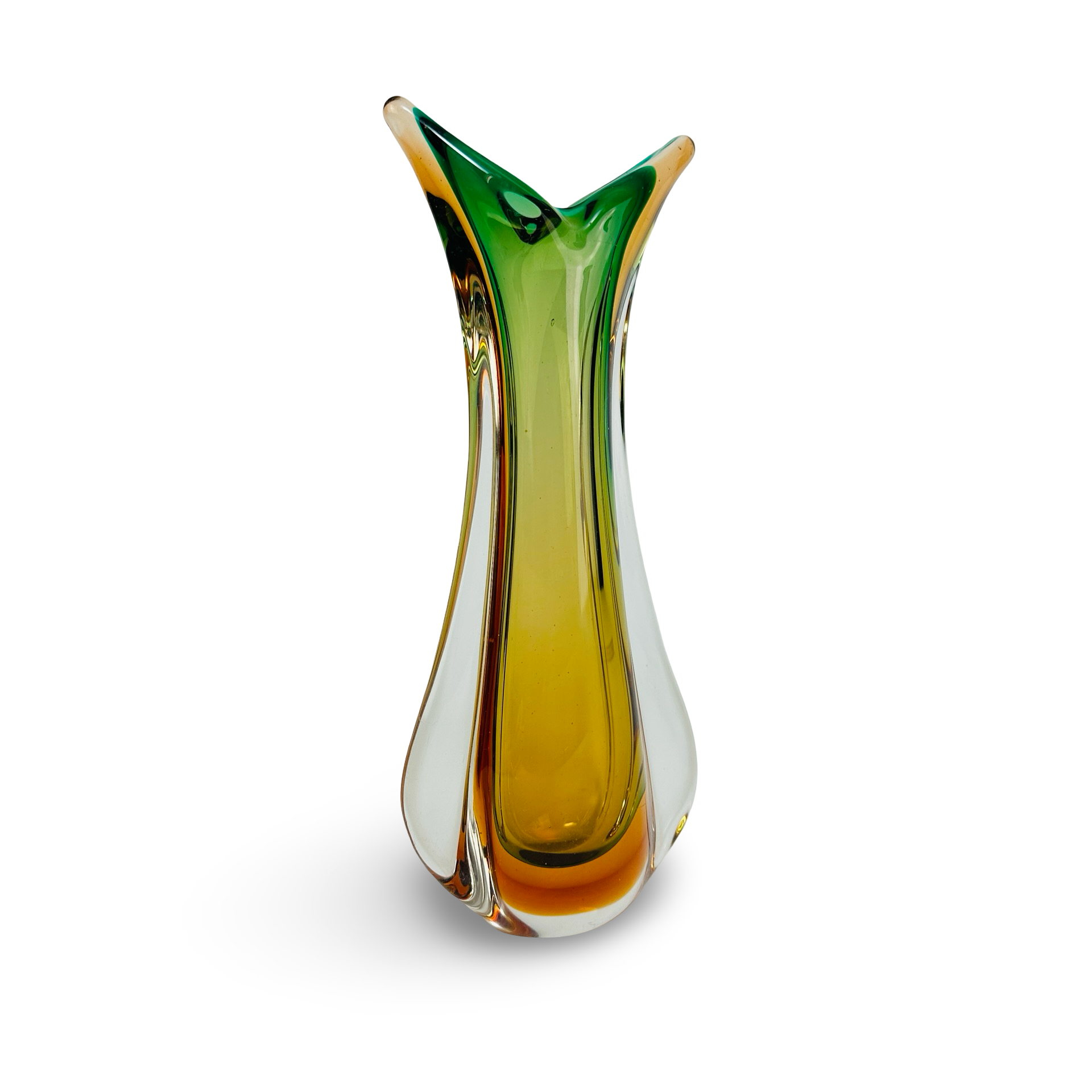 Murano Sommerso Vase grün bernstein Schwalbenschwanz-Form Glaskunst Italien 1960er