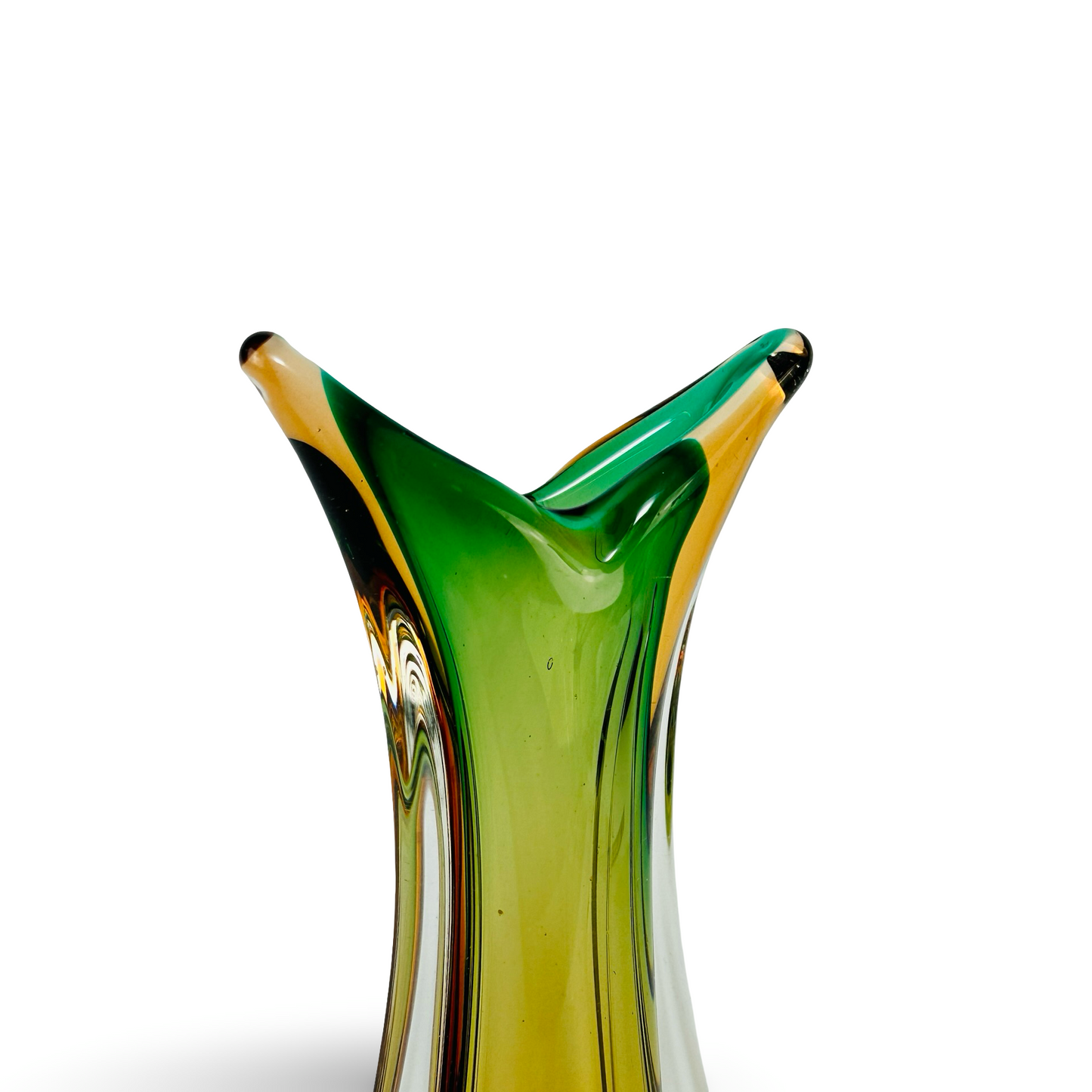 Murano Sommerso Glasvase in Grün und Bernstein mit Schwalbenschwanz-Mündung, 1960er Stil von Flavio Poli