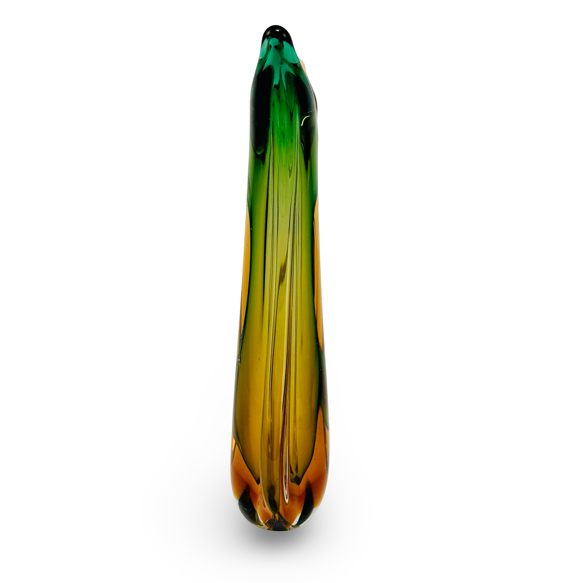 Murano Sommerso Schwalbenschwanzvase in Grün und Amber, Italien 1960er, schlanke dreifach geschichtete Glasvase