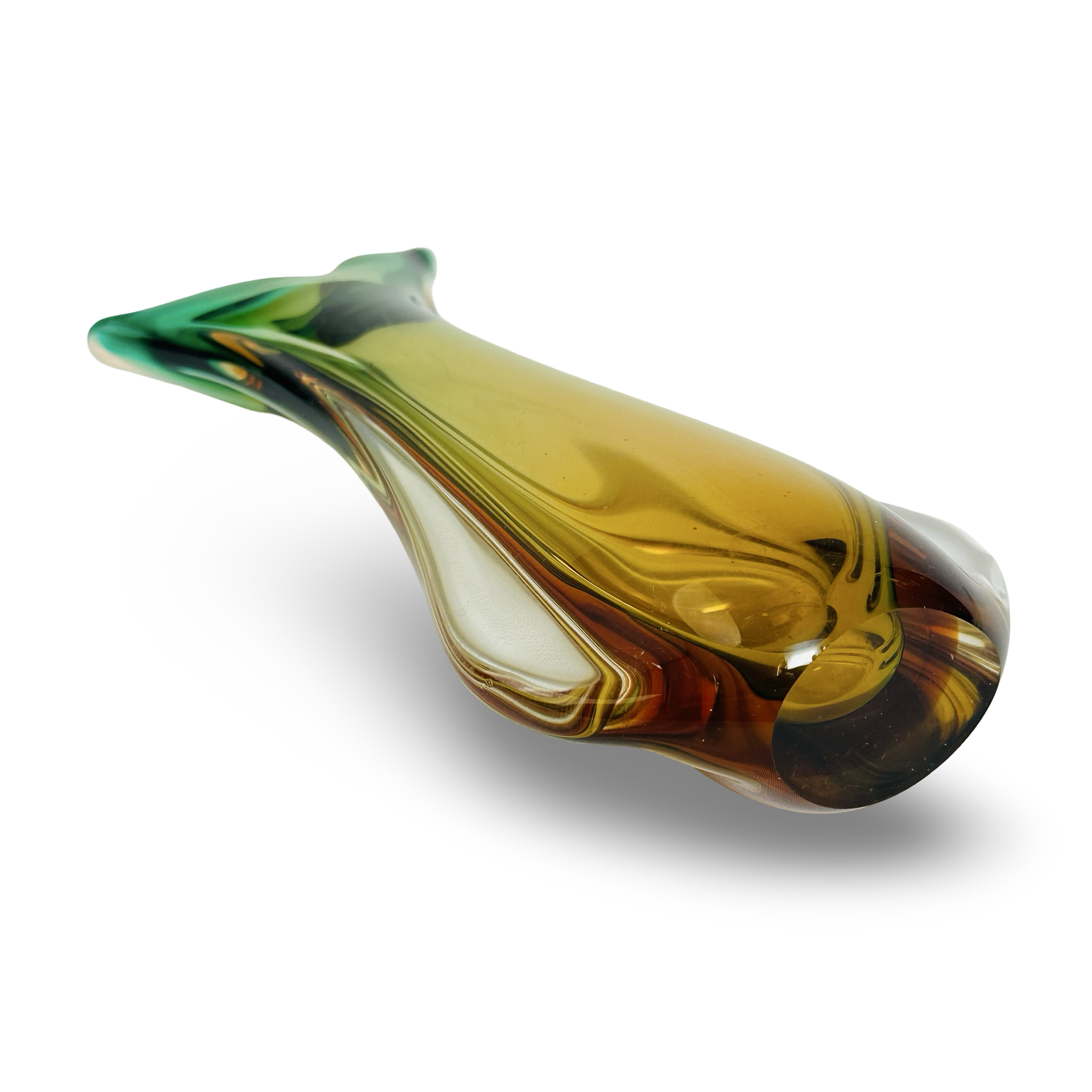 Murano Sommerso grün-bernsteinfarbene Vase mit Schwalbenschwanzmündung, 1960er, Stil Flavio Poli
