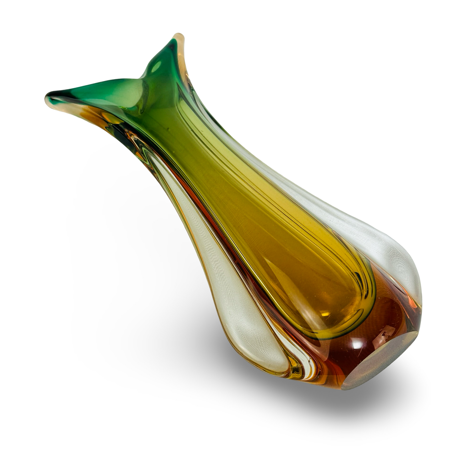 Schlanke Murano Sommerso Vase in Grün und Bernstein mit Schwalbenschwanz-Mündung, 1960er Italien