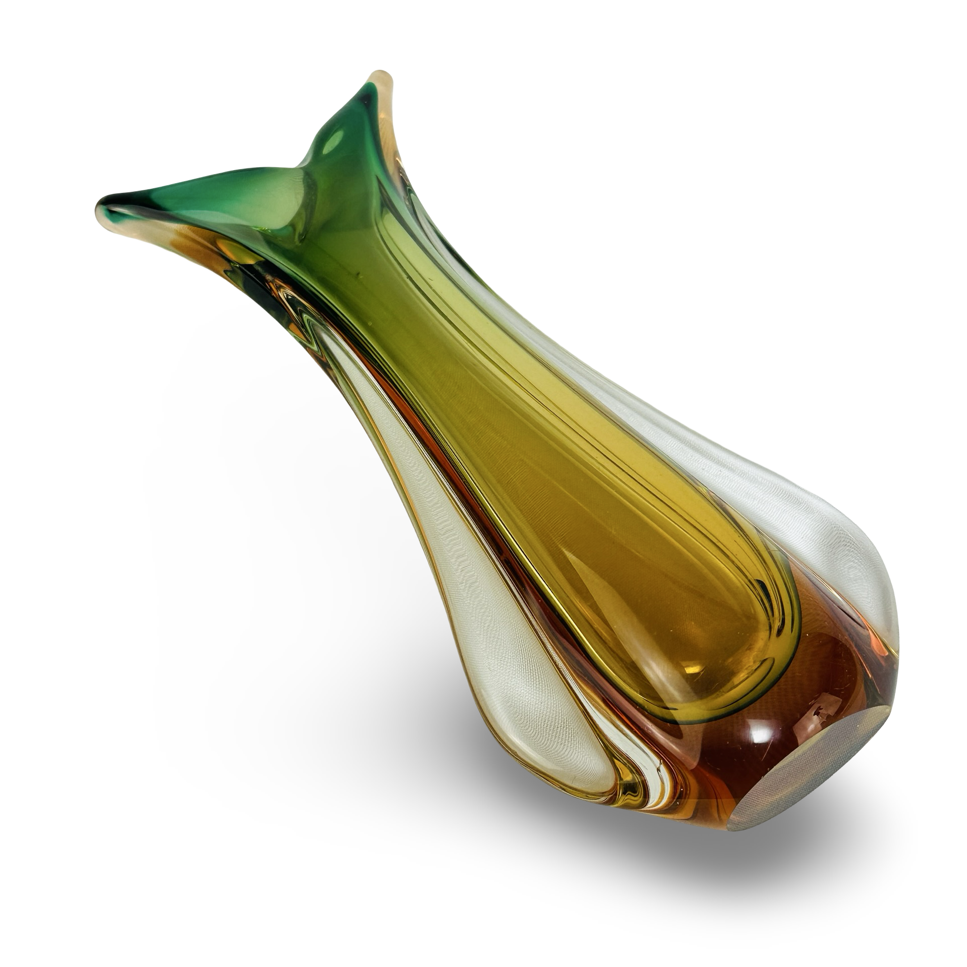 Schlanke Murano Sommerso Vase in Grün und Bernstein mit Schwalbenschwanz-Mündung, 1960er Italien