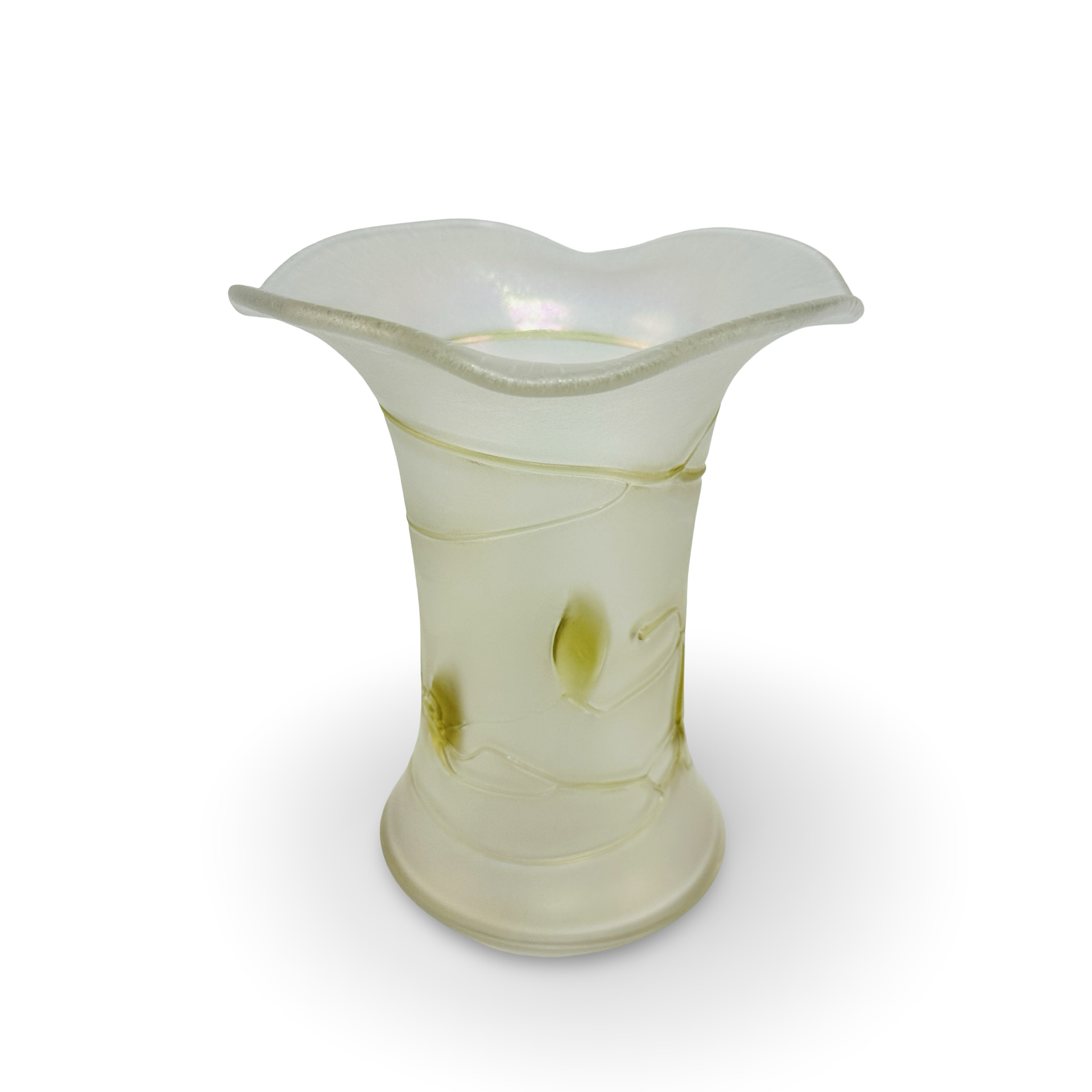 Böhmische Jugendstil-Trompetenvase aus satiniertem Glas mit Fadenauflage und Blütenapplikationen
