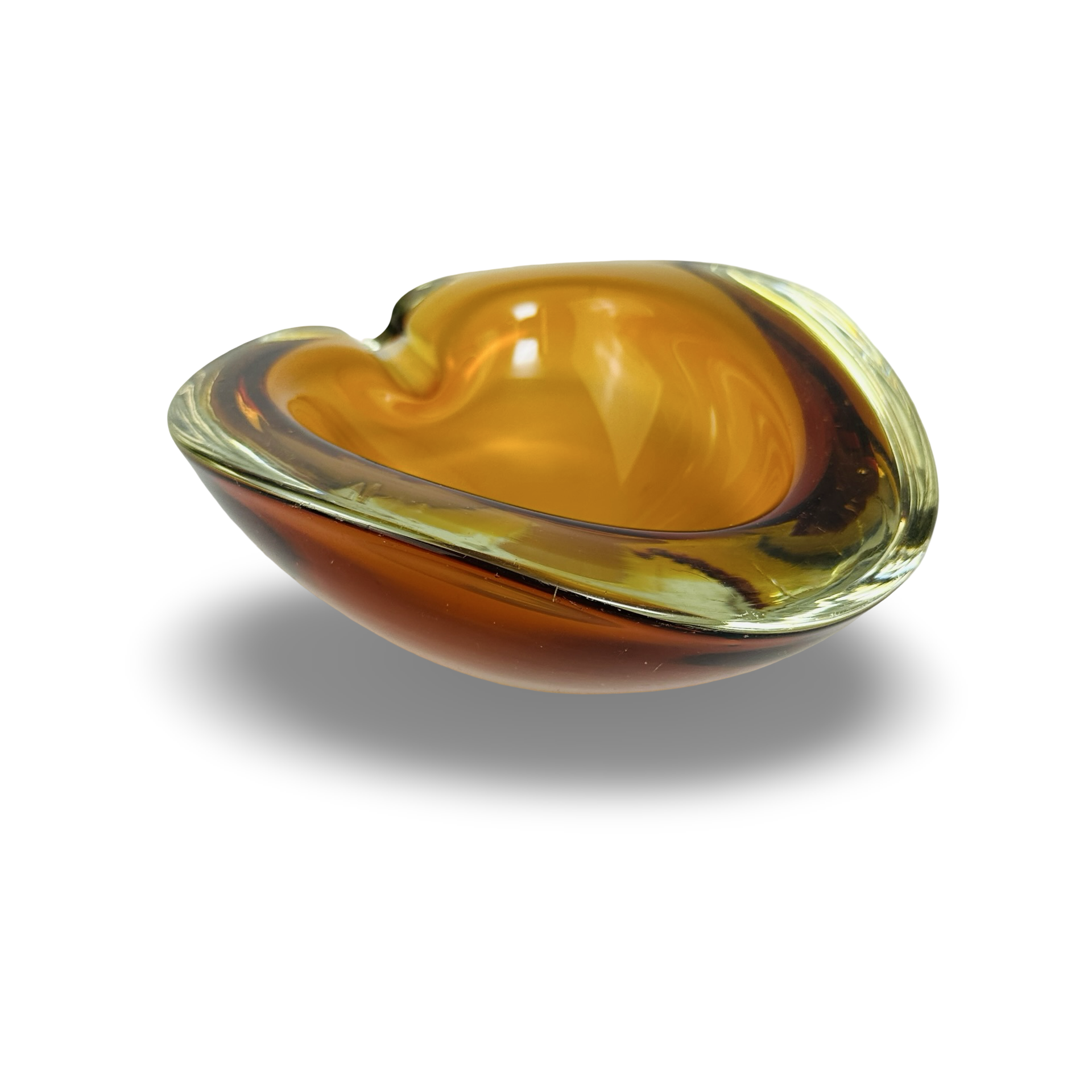 Murano Sommerso Herzschale aus bernstein-amberfarbenem und uran-gelbem Glas der 1960er Jahre