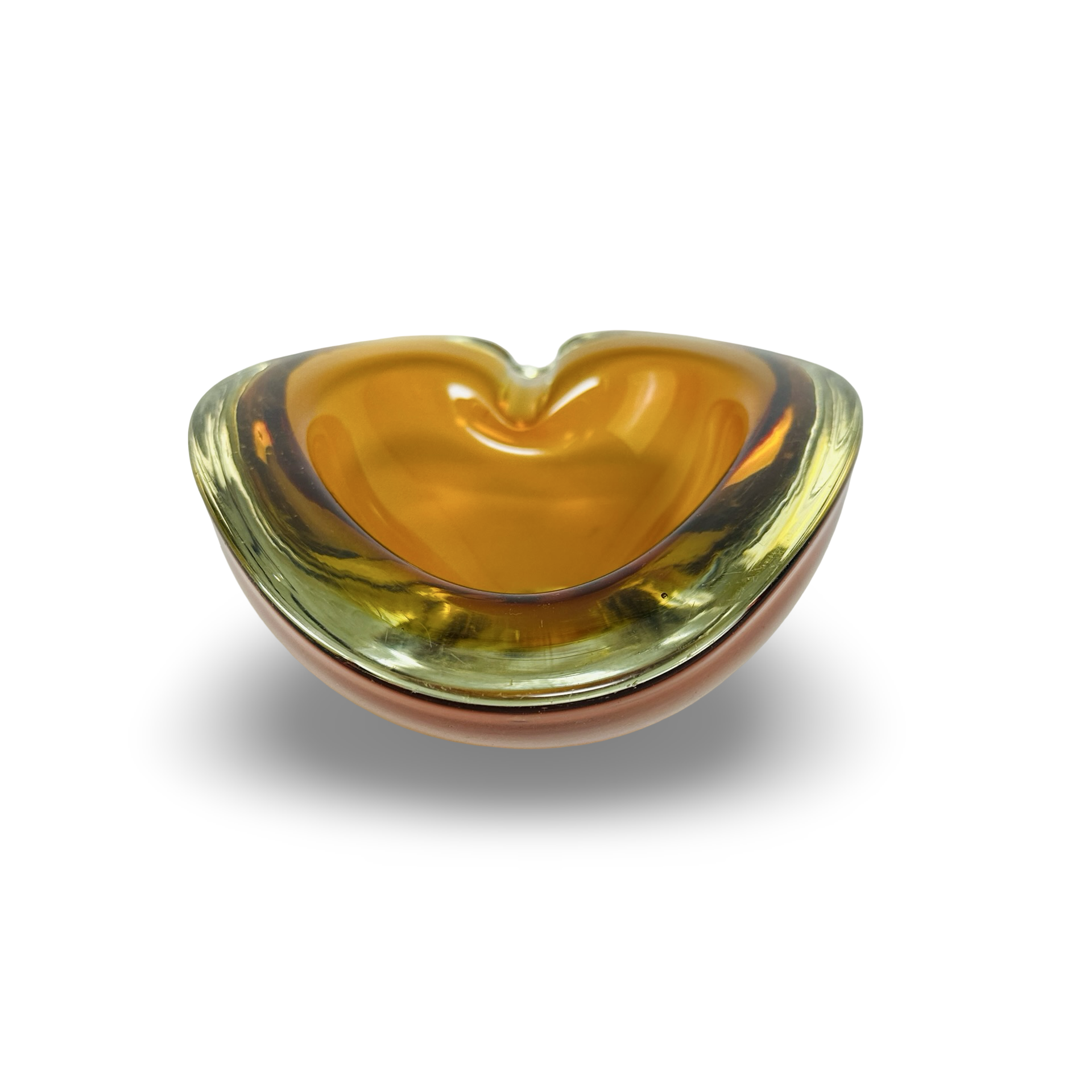 Murano Sommerso Herzschale aus bernsteinfarbenem und uran-gelbem Glas der 1960er Jahre