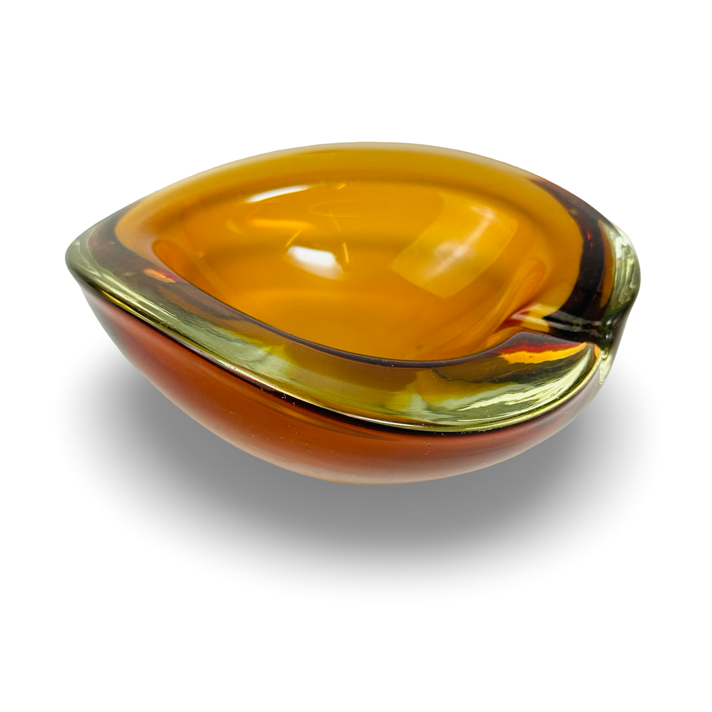 Murano Sommerso Herzschale aus bernstein-amber und uran-gelbem Glas aus den 1960er Jahren