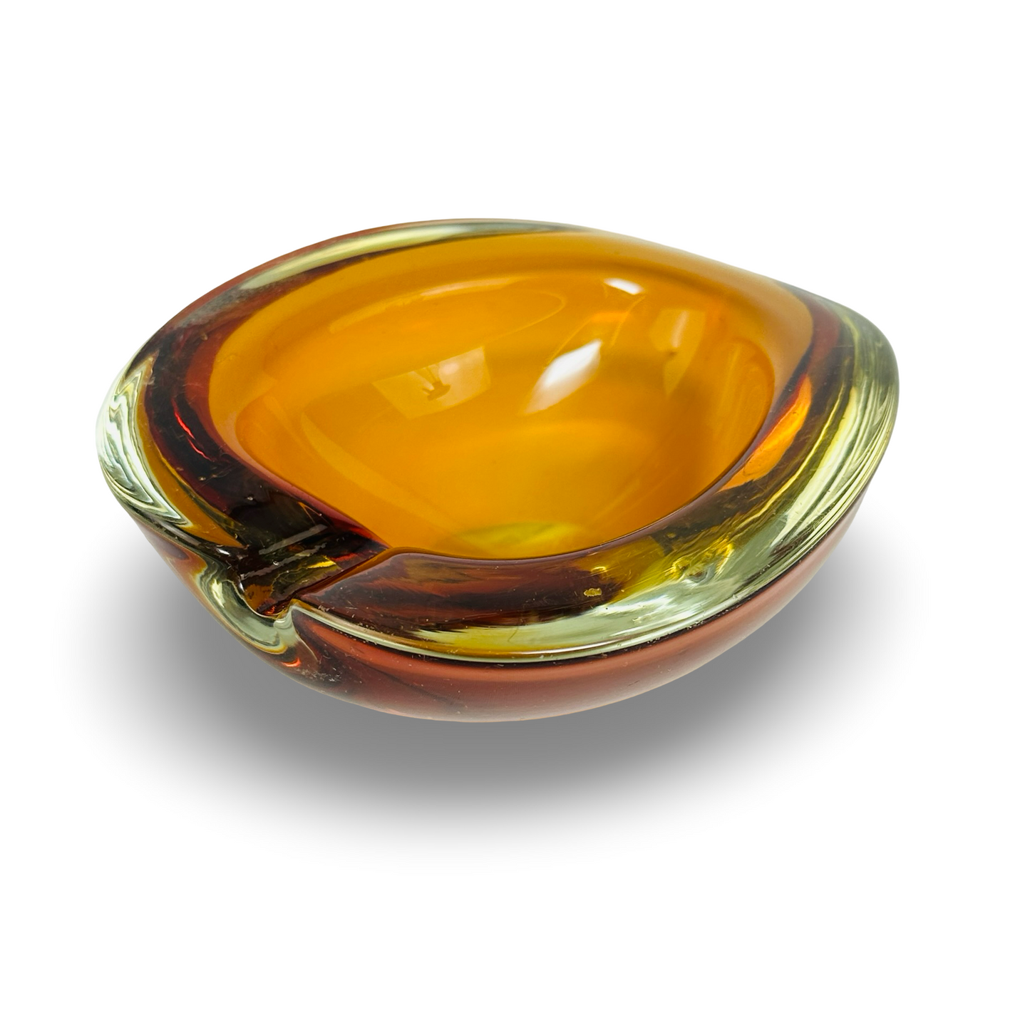 Murano Sommerso Herzschale aus bernstein-amber und uran-gelbem Glas der 1960er Jahre