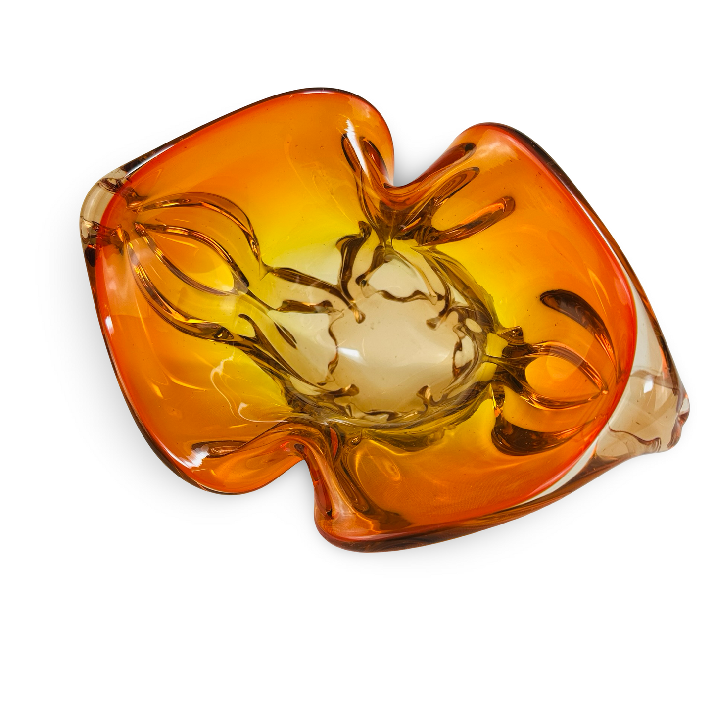 Skulpturale freigeformte Glasschale in Amber-Orange von Chřibská Sklárna, 1960er Jahre