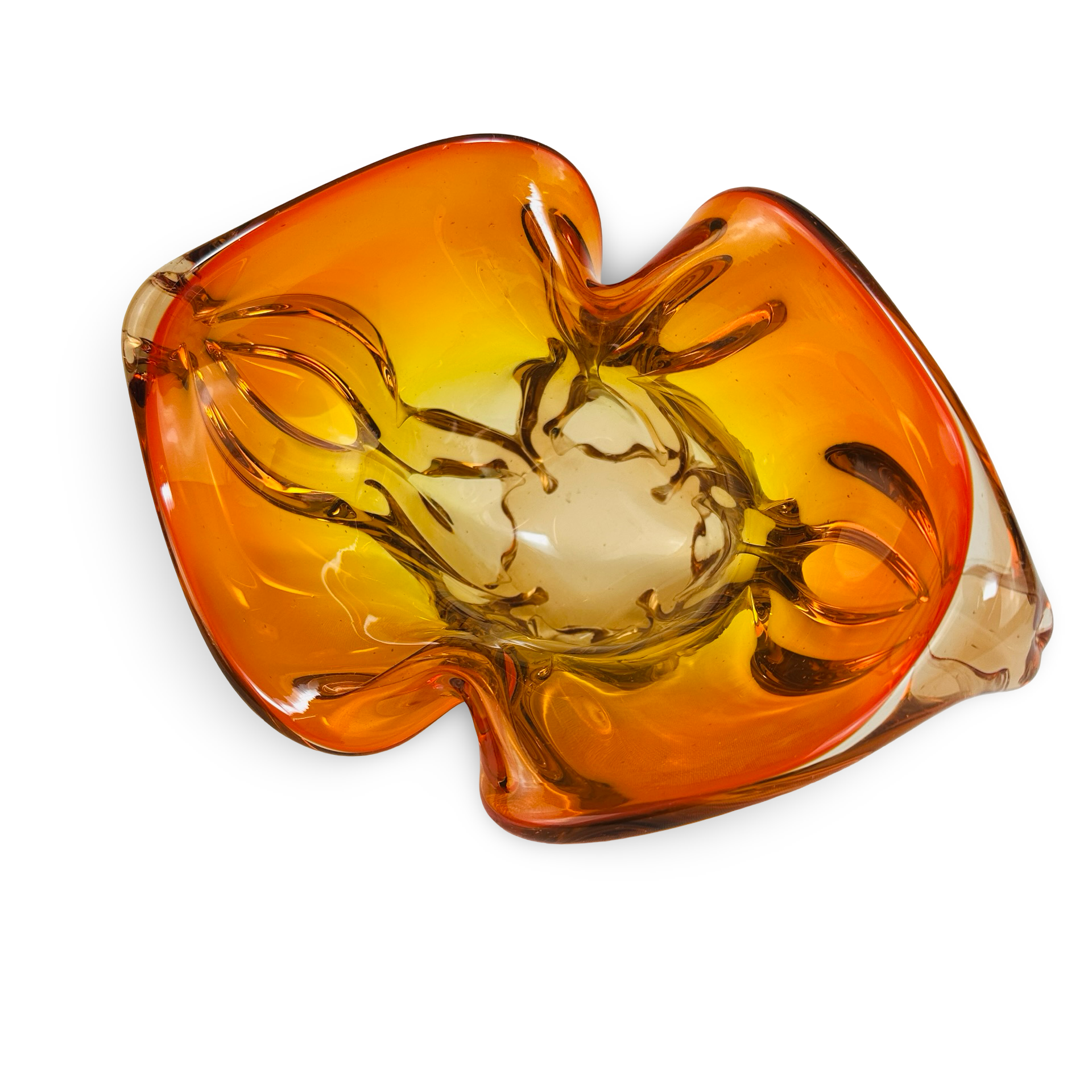Skulpturale freigeformte Glasschale in Amber-Orange von Chřibská Sklárna, 1960er Jahre