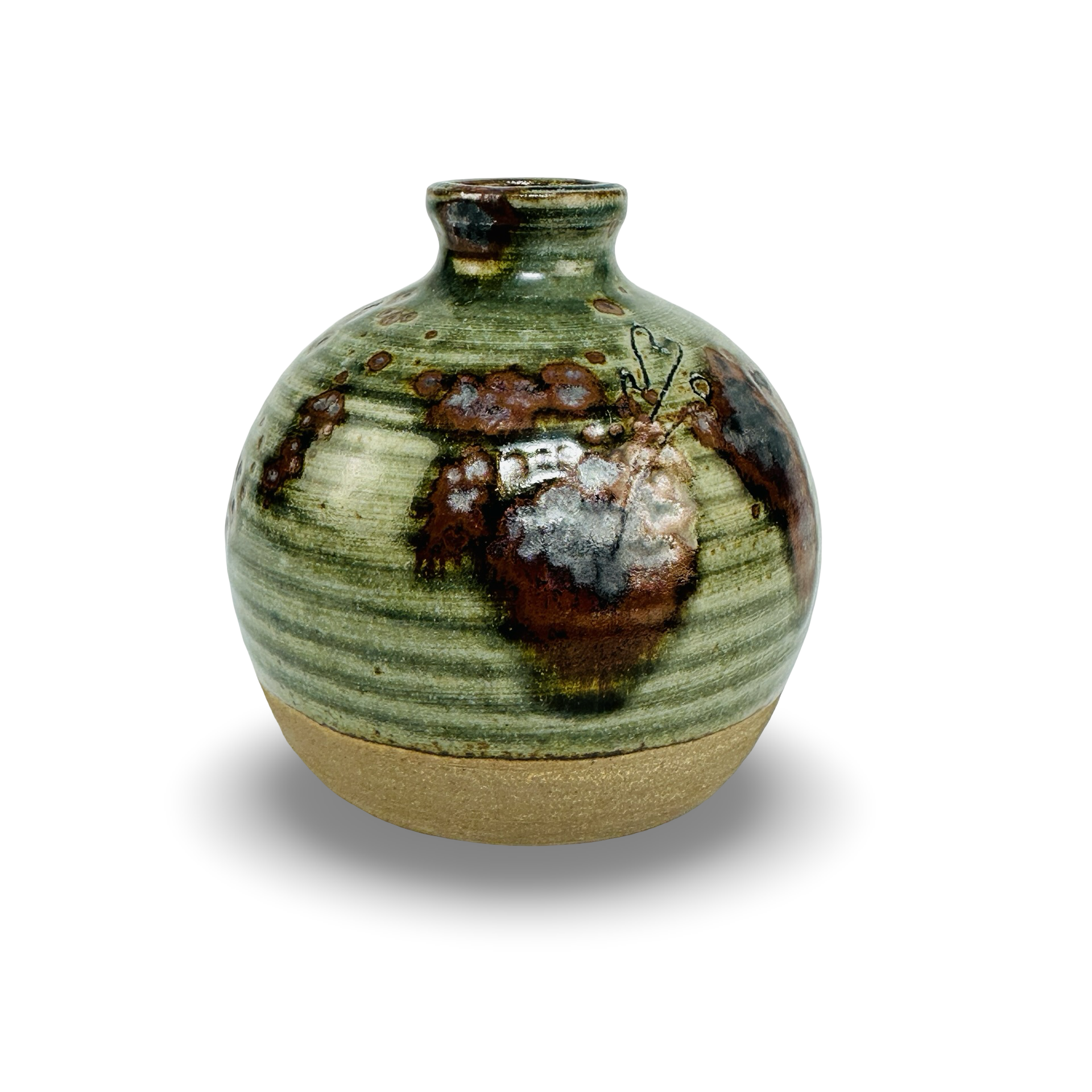 Kleine Studiokeramik-Kugelvase mit grüner Ascheglasur und Eisenspeck-Sprenkel, handgedreht, signiert, in Leach-Hamada-Tradition