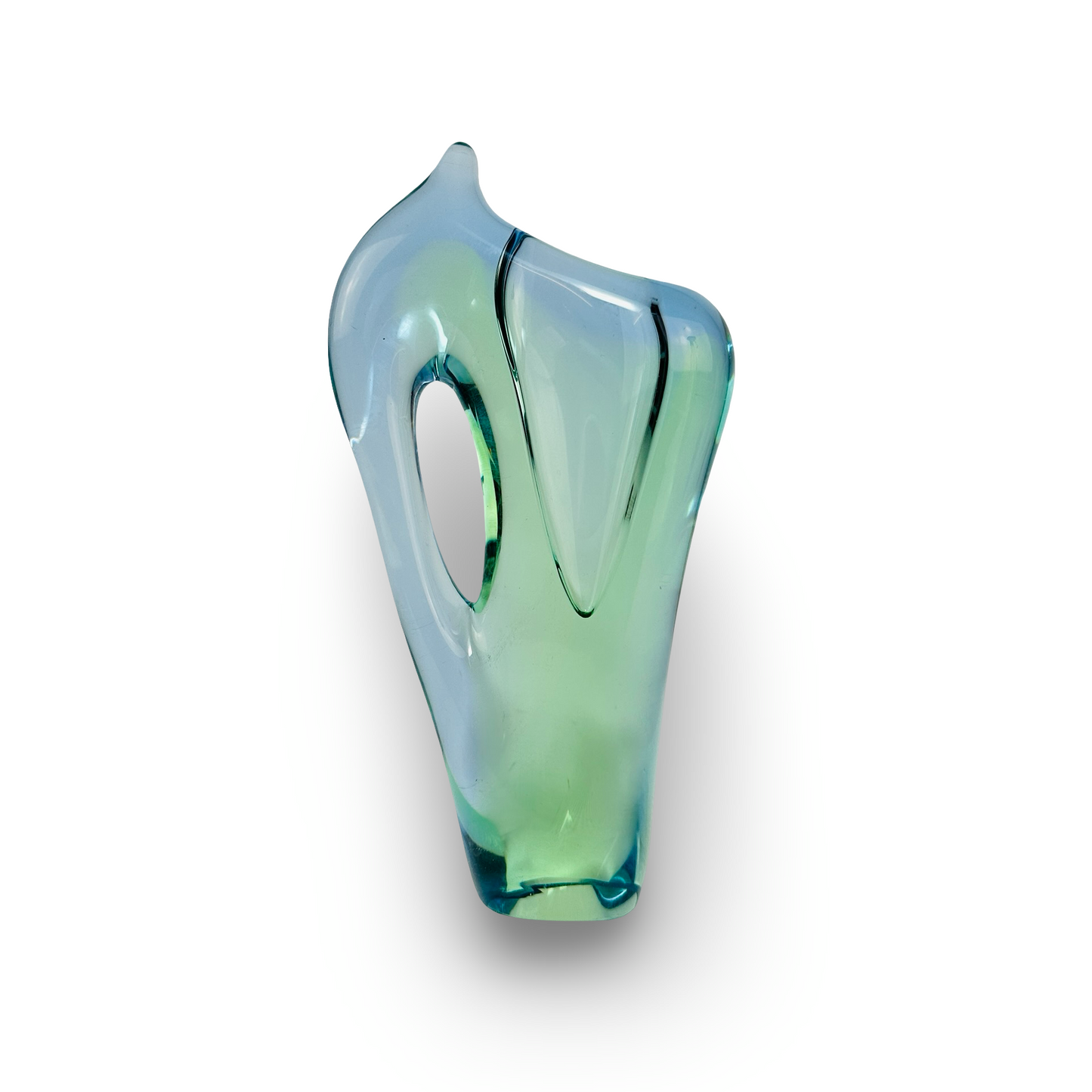 Skulpturale Freeform-Vase von Emanuel Beránek aus Uranglas, 1959, türkises Dachglas mit grünem Mantel, designklassiker aus Škrdlovice
