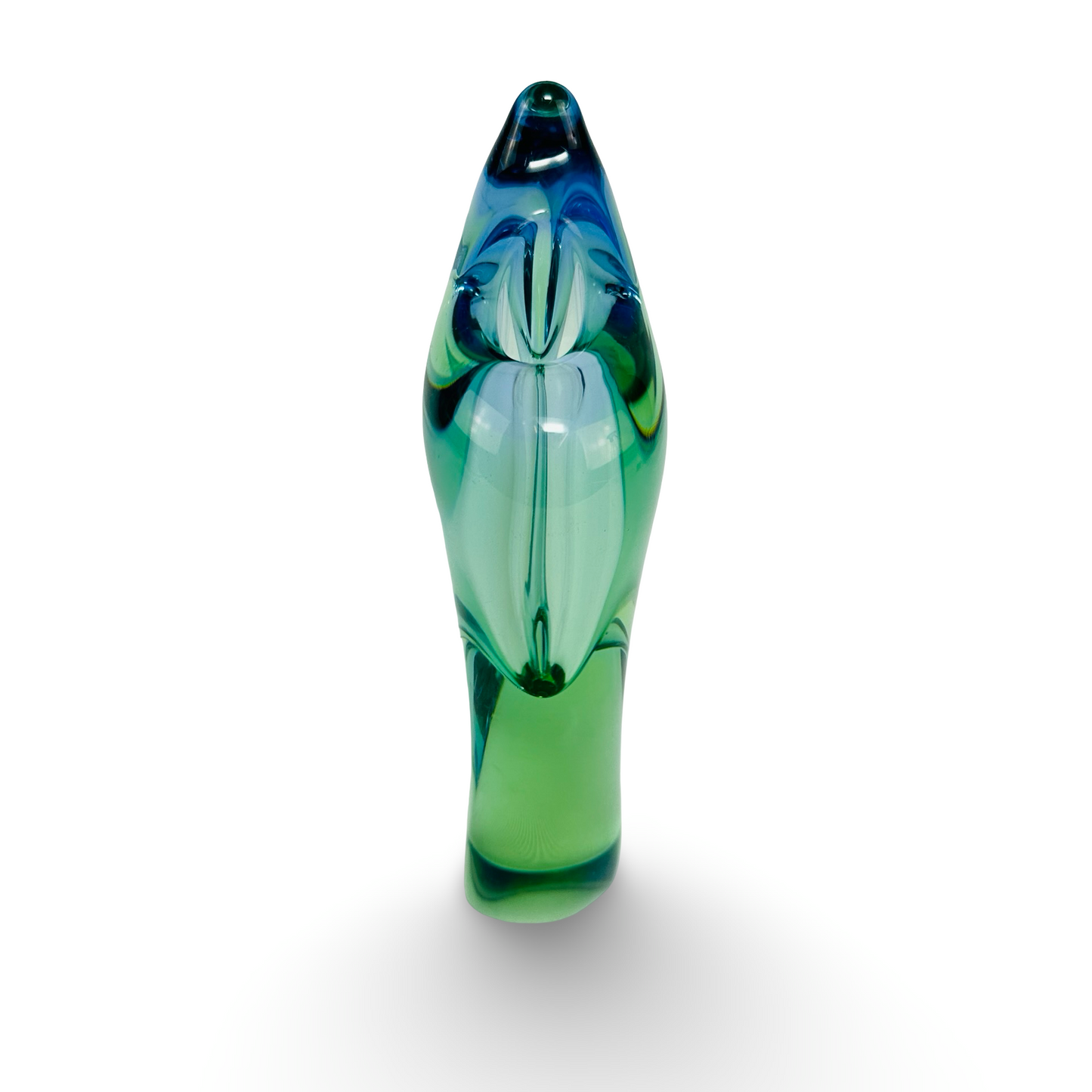 Emanuel Beránek Freeform-Vase Modell 5987 aus Uranglas von 1959 mit türkisem Kern und grünem Mantel, organisch geformt.