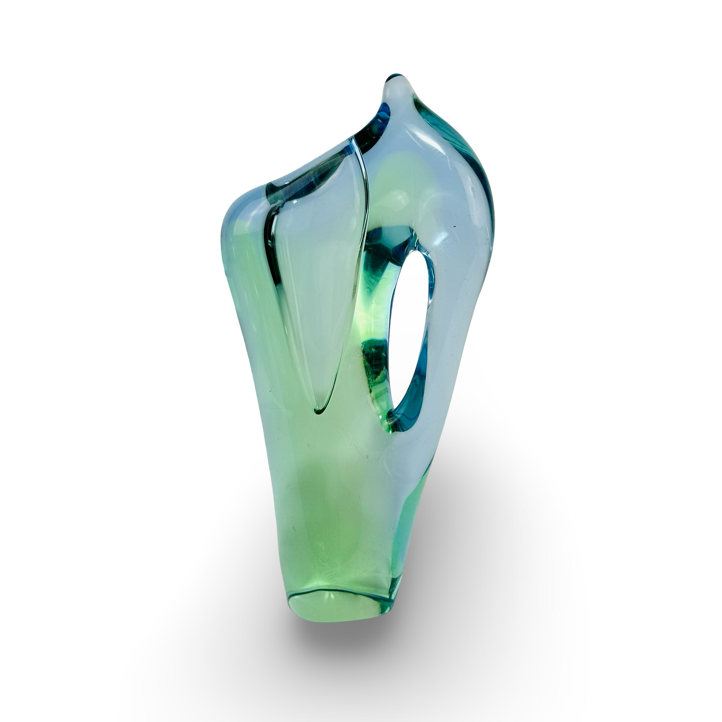 Emanuel Beránek Freeform-Vase Modell 5987 aus Uranglas, 1959, organisch geformt mit türkisgrünem Kern und Uranoxid-Fluoreszenz.
