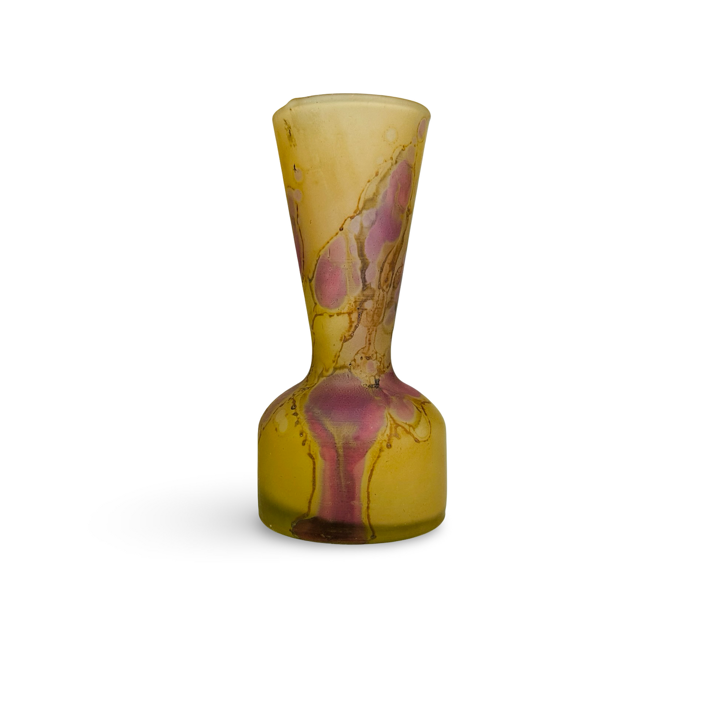 Böhmische Tango-Glas Vase gelb mit rosa-violetten Einschmelzungen und Ädernetz aus den 1920er Jahren
