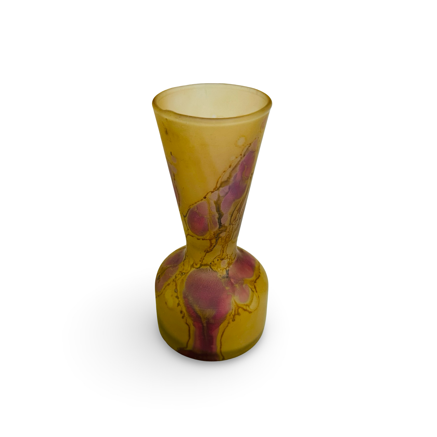 Böhmische Tango-Glas Vase in Gelb mit Rosa-Violett-Einschmelzungen und Ädernetz aus den 1920er Jahren