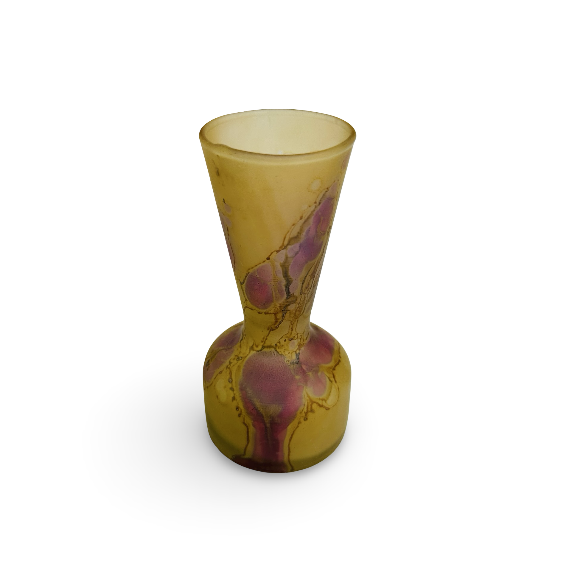 Böhmische Tango-Glas Vase in Gelb mit Rosa-Violett-Einschmelzungen und Ädernetz aus den 1920er Jahren