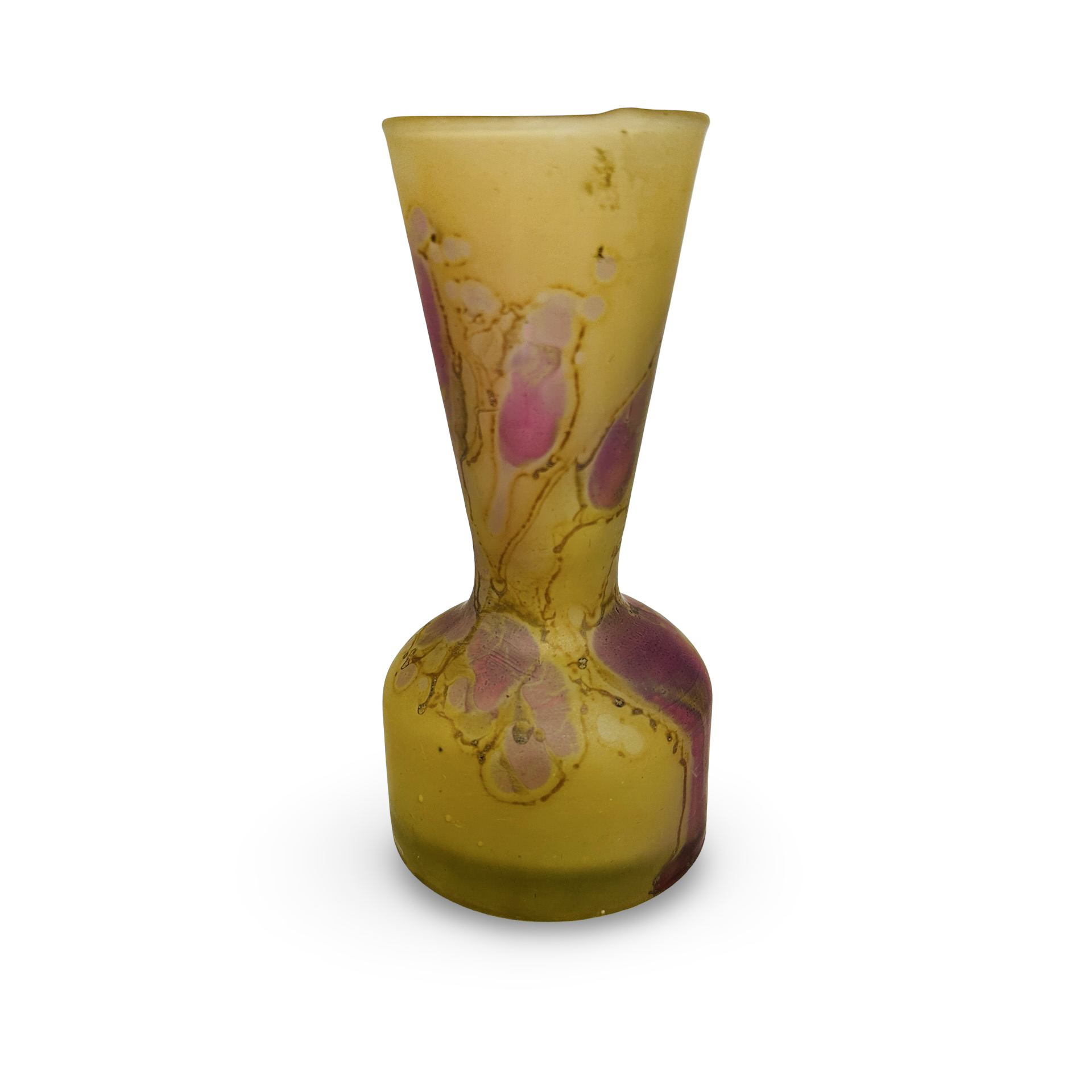 Böhmische Tango-Glas Vase gelb mit rosa-violetten Einschmelzungen und Ädernetz, Art Déco 1920er Jahre