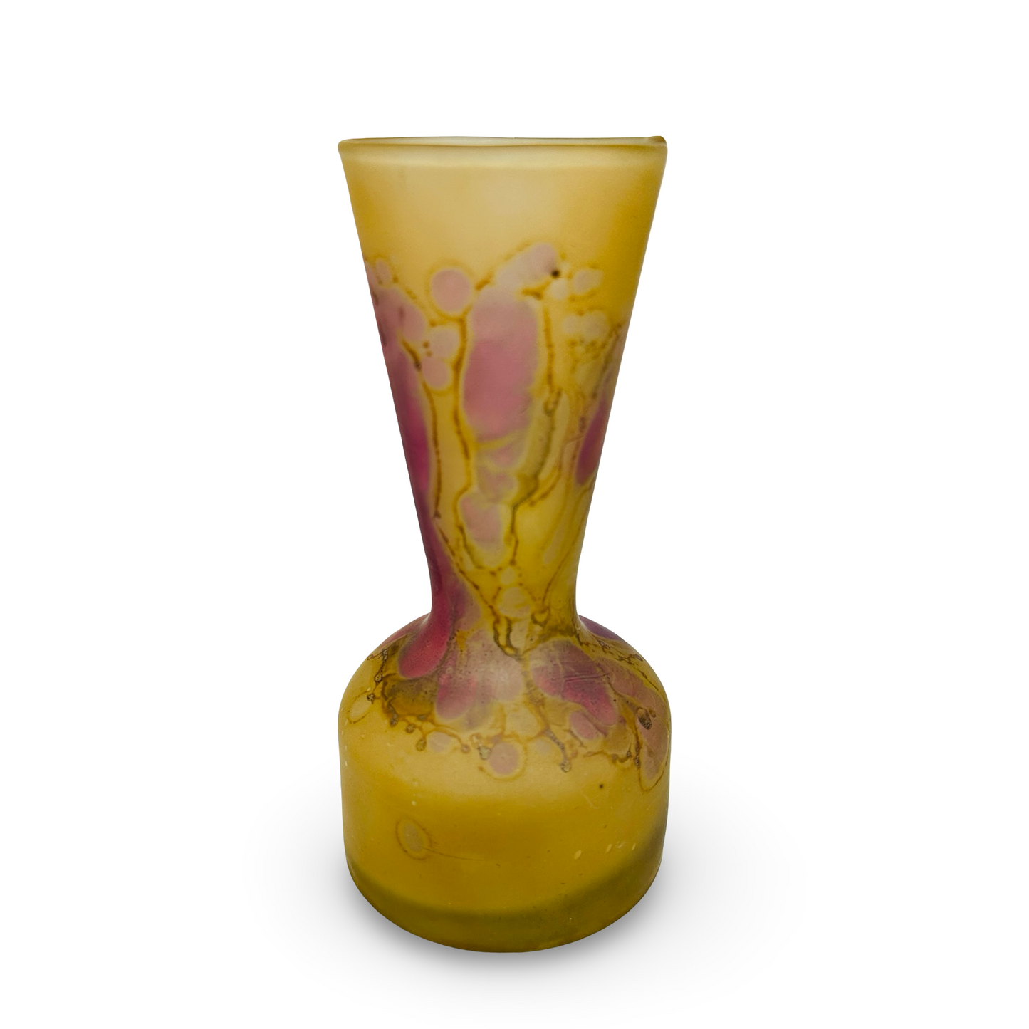 Kleine böhmische Tango-Glas Vase gelb mit rosa-violetten Einschmelzungen und Ädernetz aus den 1920er Jahren