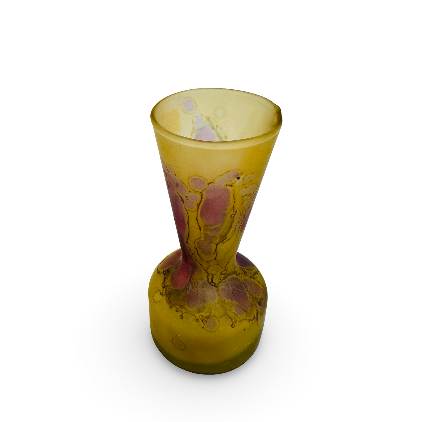 Böhmische Tango-Glas Vase gelb mit rosa-violetten Einschmelzungen und Ädernetz aus den 1920er Jahren