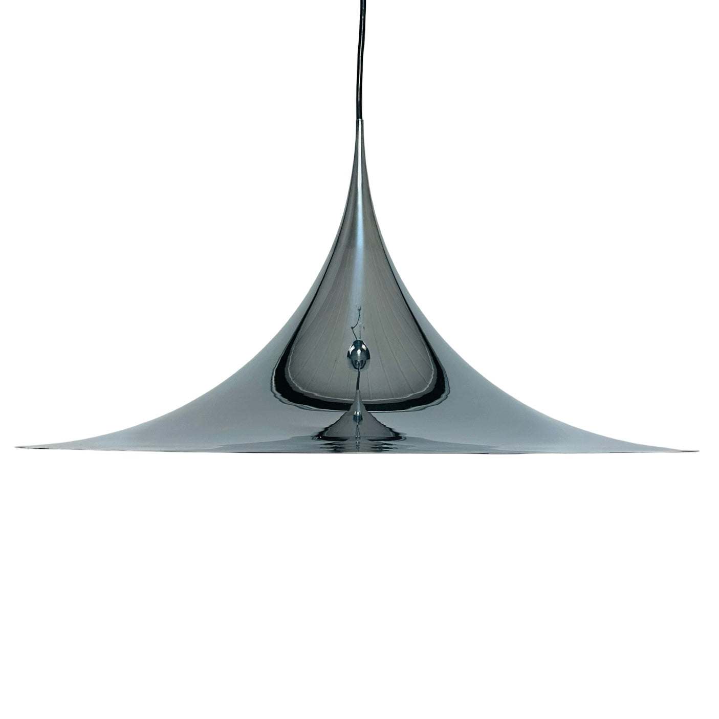 Fog & Mørup Semi Pendelleuchte Chrom 70 cm, dänisches Design 1967, verchromte Trompetensilhouette, Vintage Lichtobjekt