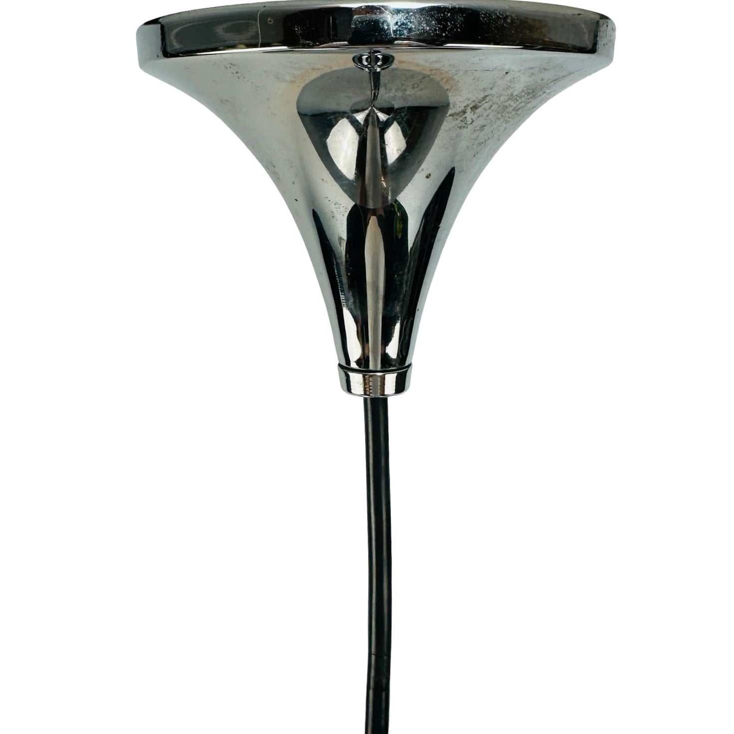 Fog & Mørup Semi Pendelleuchte Chrom Ø 70 cm, dänisches Design 1960er, verchromte Trompetenform, original Vintage Beleuchtung