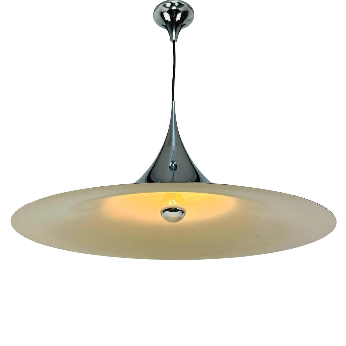 Fog & Mørup Semi Pendelleuchte Chrom Ø 70 cm, 1960er Designklassiker von Bonderup & Thorup, glänzend und skulptural