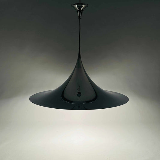 Fog & Mørup Semi Pendelleuchte Chrom Ø 70 cm, skulpturale Trompetenform, 1960er Designklassiker