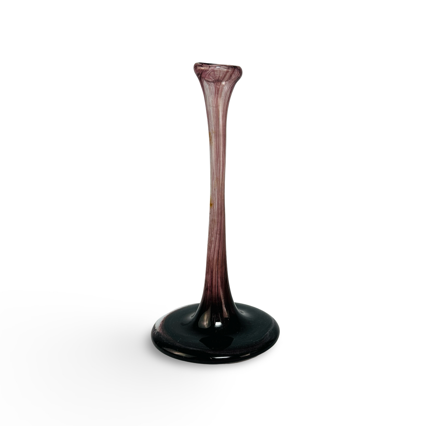 Schlanke Soliflore-Vase aus marmoriertem violett-weißem Glas mit schwarzem Fuß, mundgeblasen und asymmetrisch, Frankreich Mitte 20. Jh.