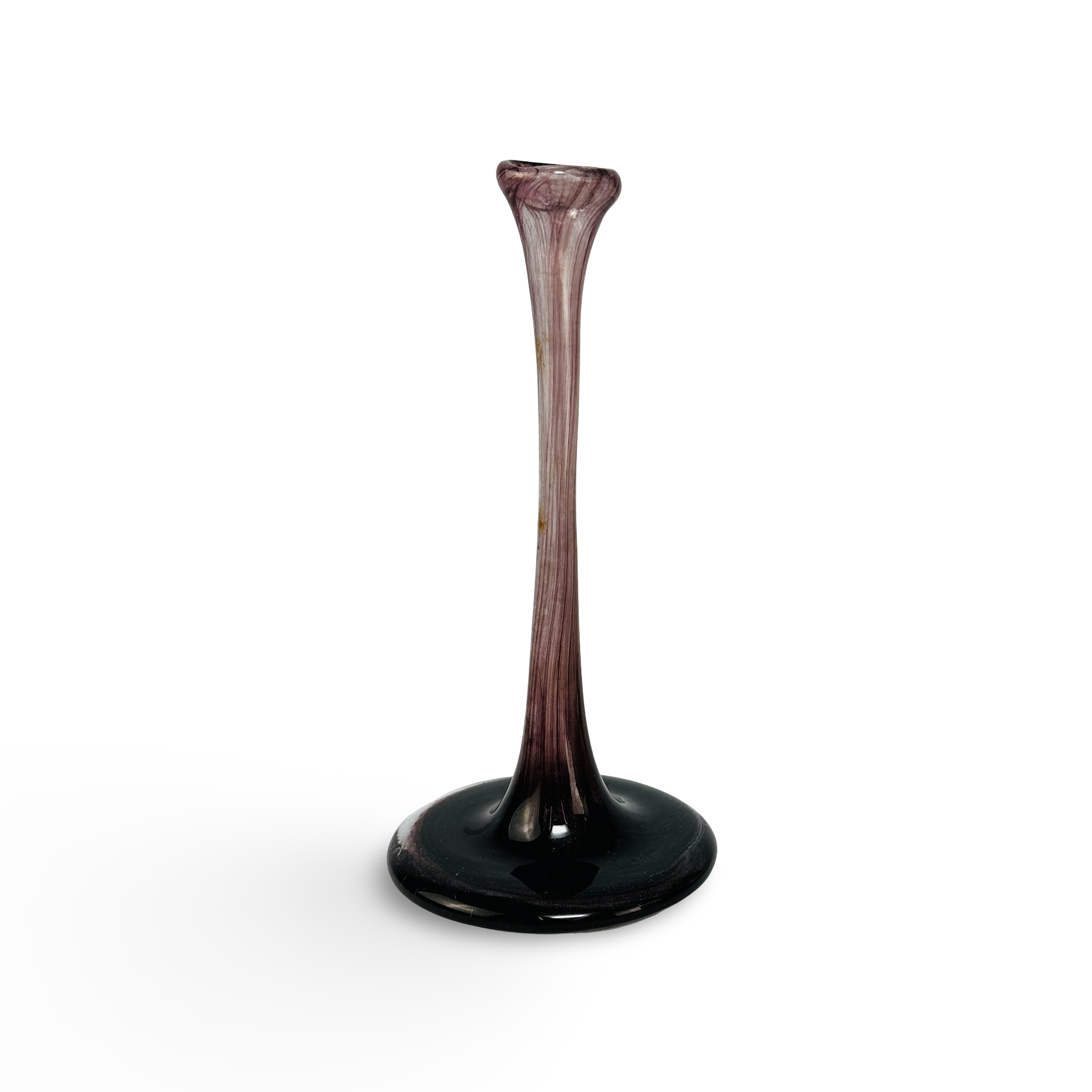 Schlanke Soliflore-Vase aus marmoriertem violett-weißem Glas mit schwarzem Fuß, mundgeblasen und asymmetrisch, Frankreich Mitte 20. Jh.
