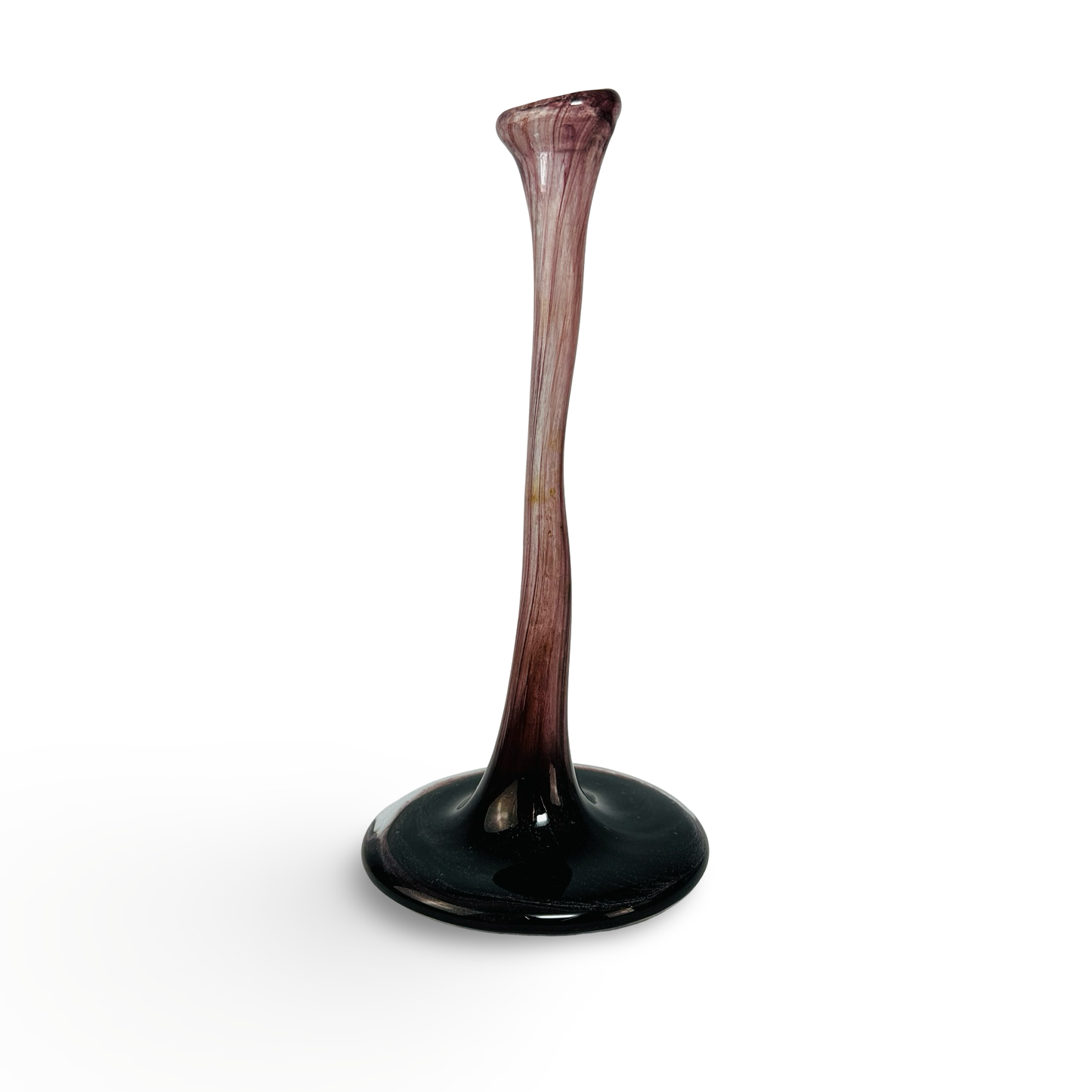 Elegante Soliflore-Vase aus marmoriertem violett-weißem Glas mit schwarzem Fuß, mundgeblasen, Frankreich Mitte 20. Jh.