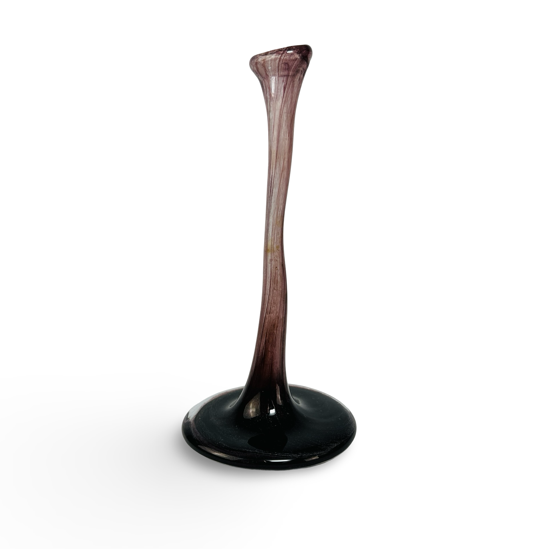 Elegante Soliflore-Vase aus marmoriertem violett-weißem Glas mit schwarzem Fuß, mundgeblasen, Frankreich Mitte 20. Jh.