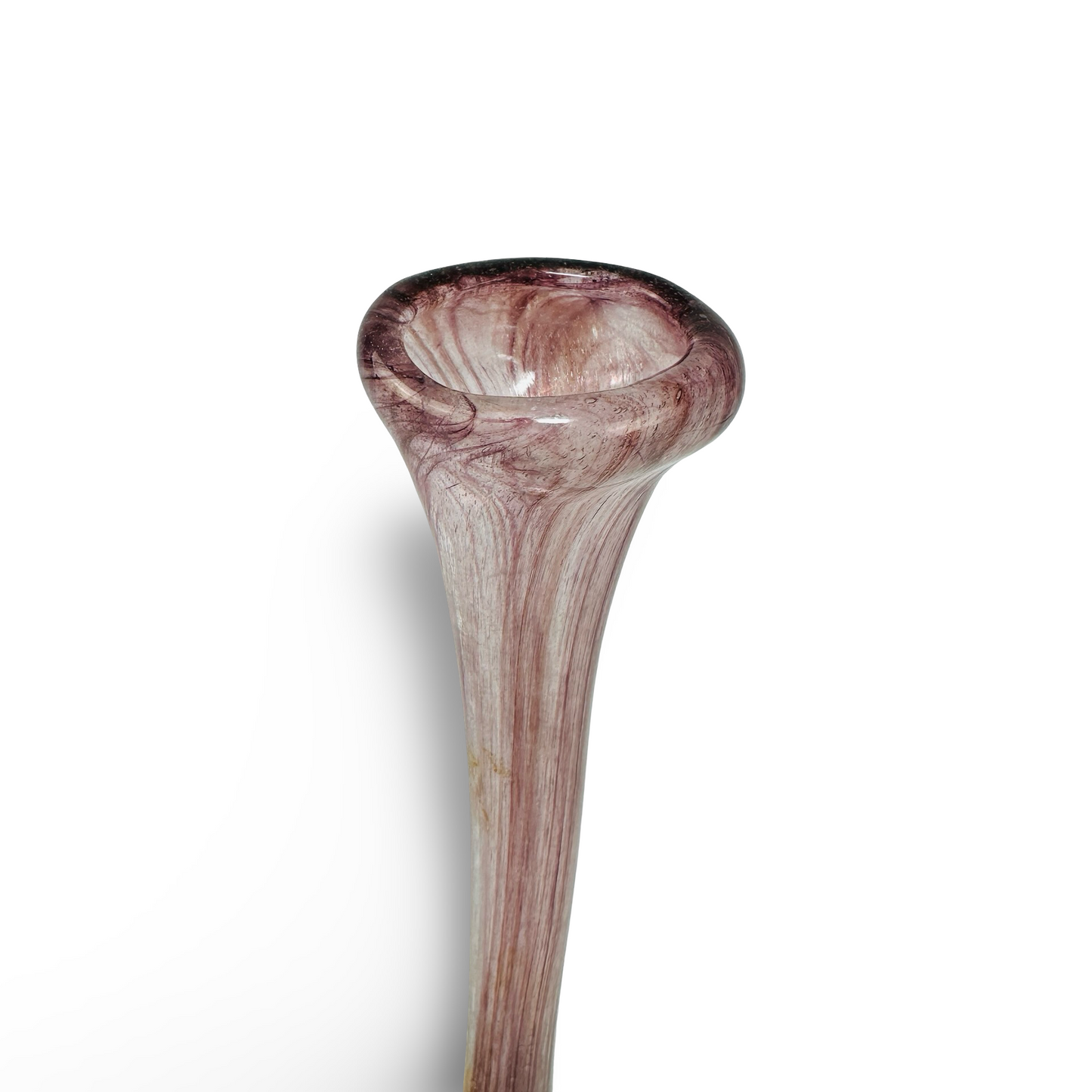 Elegante Soliflore-Vase aus marmoriertem violett-weißem Glas mit schwarzem Fuß, mundgeblasen, Mitte 20. Jh.