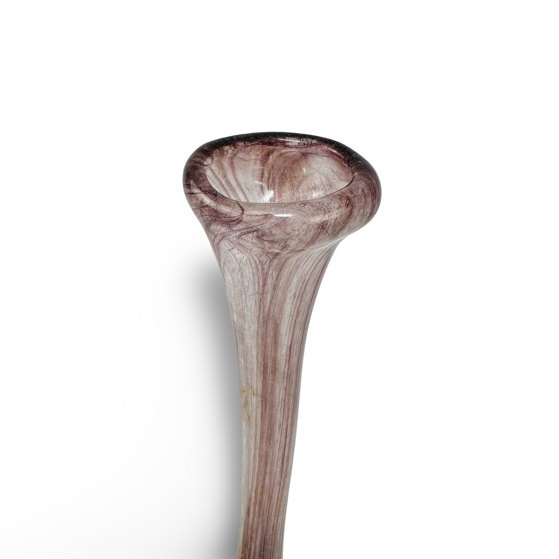 Elegante Soliflore-Vase aus marmoriertem violett-weißem Glas mit schwarzem Fuß, mundgeblasen, Mitte 20. Jh.