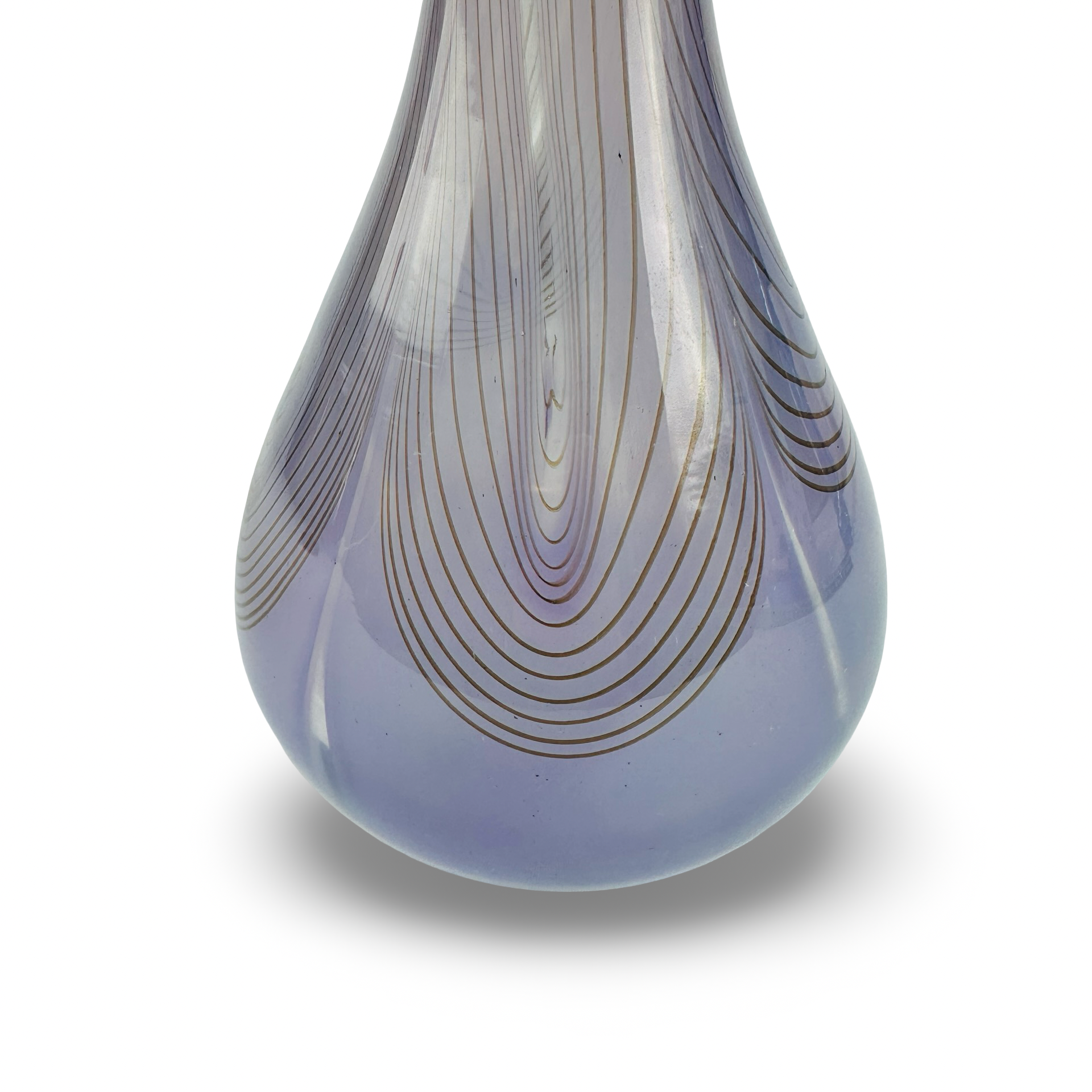 Erwin Eisch Studioglas-Vase 1980 irisierender lila Tropfenform mit Federzug-Dekor und rotem Mündungsrand