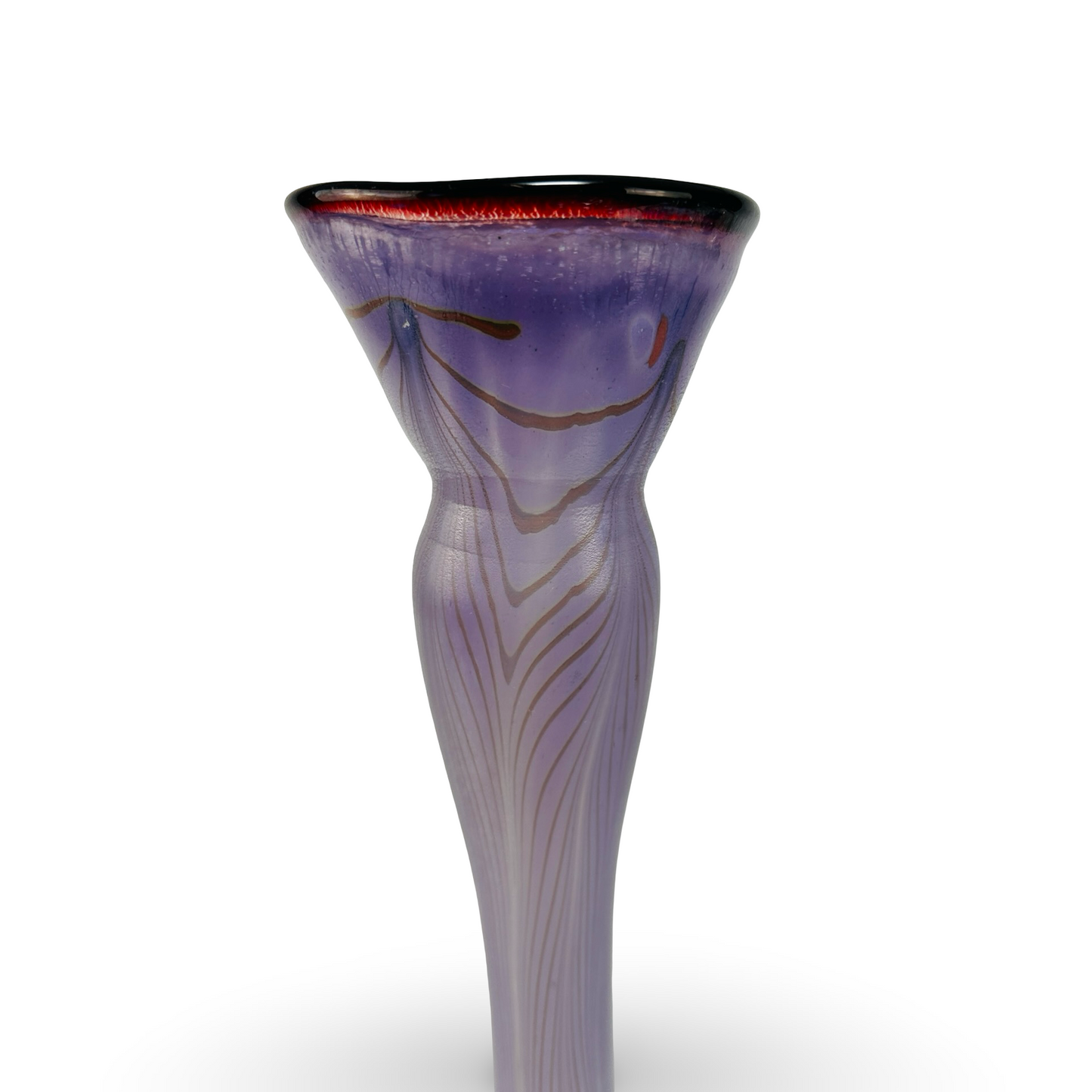 Erwin Eisch Studioglas-Vase irisierend mit Federzug-Dekor, signiert 1980, tropfenförmiger Korpus und geschwungener Hals