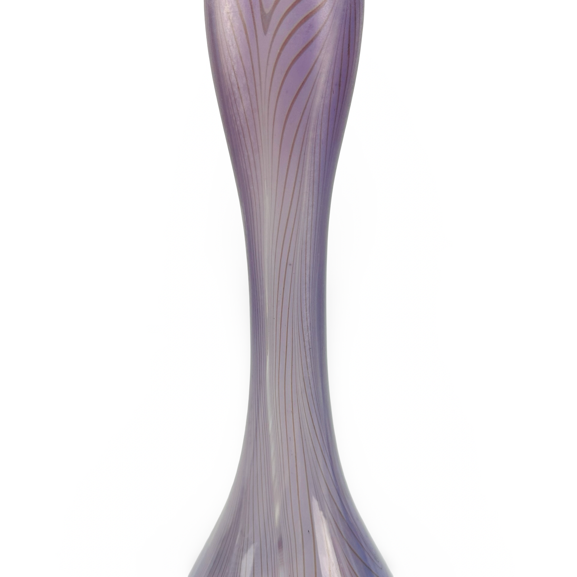 Erwin Eisch Studioglas-Vase 1980 mit irisierendem Federzug-Dekor und signierter Trichtermündung
