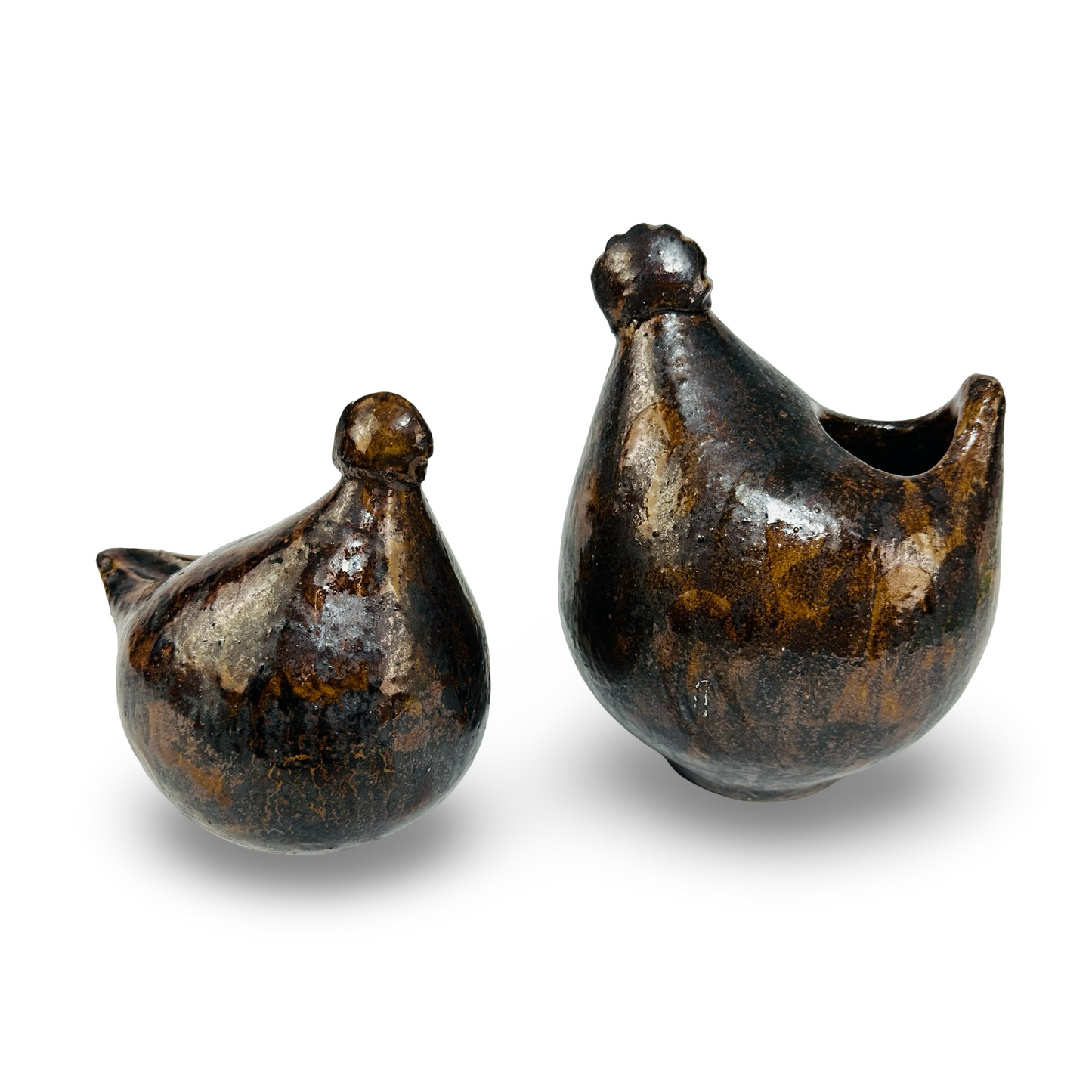 Paar signierte Studiokeramik-Vögel mit Lüsterglasur in Blau und Bronze aus den 1970ern