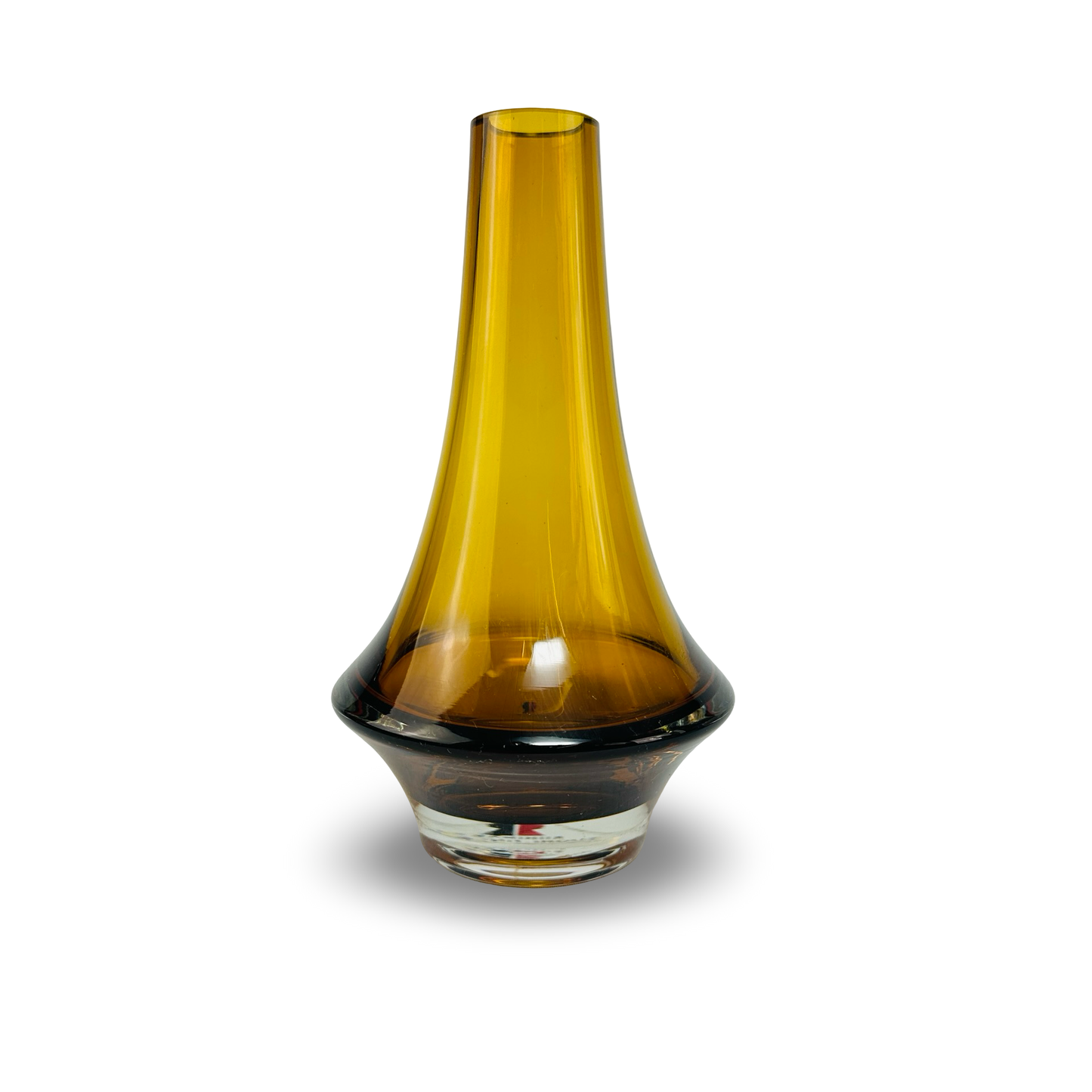Riihimäki 1379 Rocket Vase aus bernsteinfarbenem Glas mit Originaletikett und konischem Hals